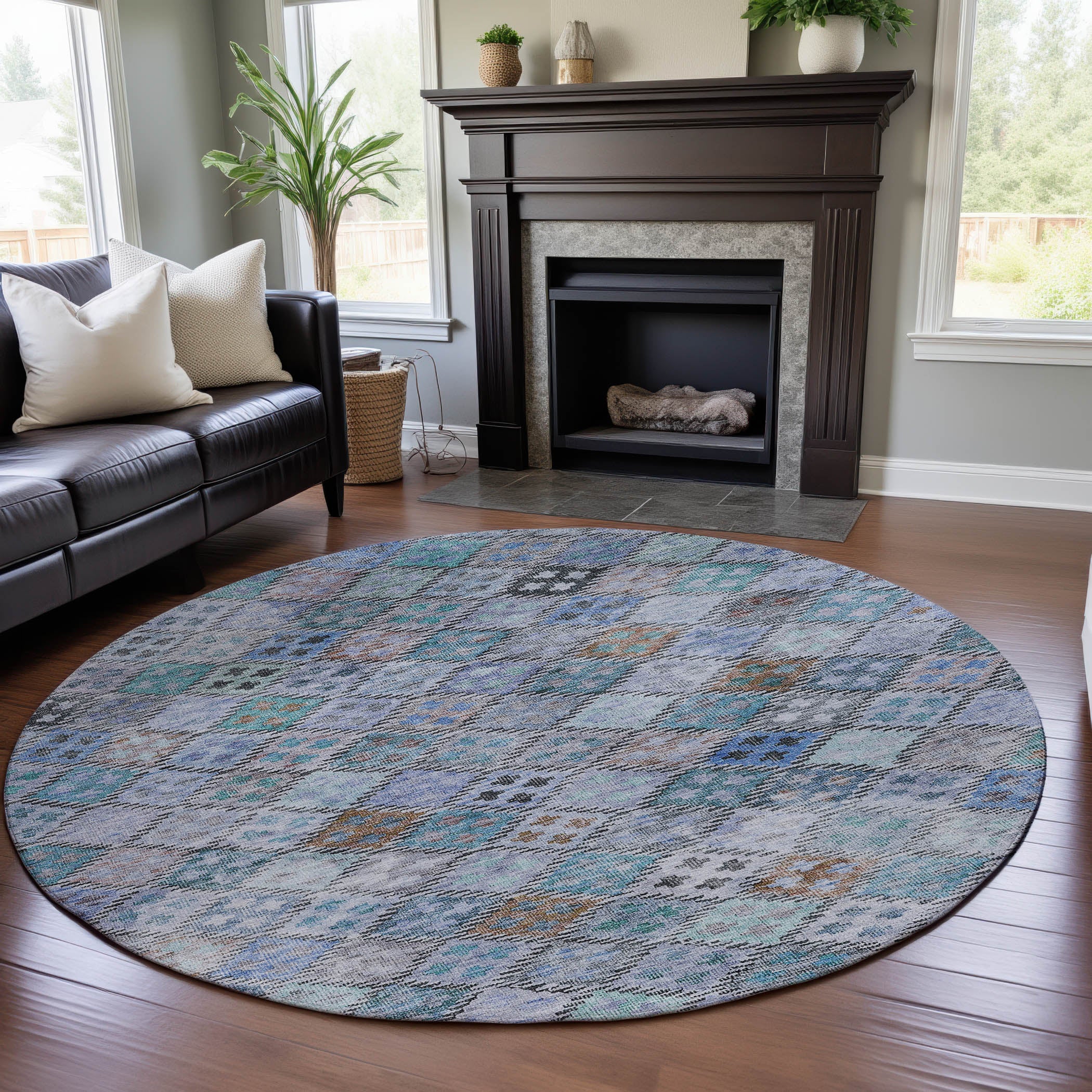 Antigua Machine Washable Transitional Blue Rug 8' x 8' #shape_Round