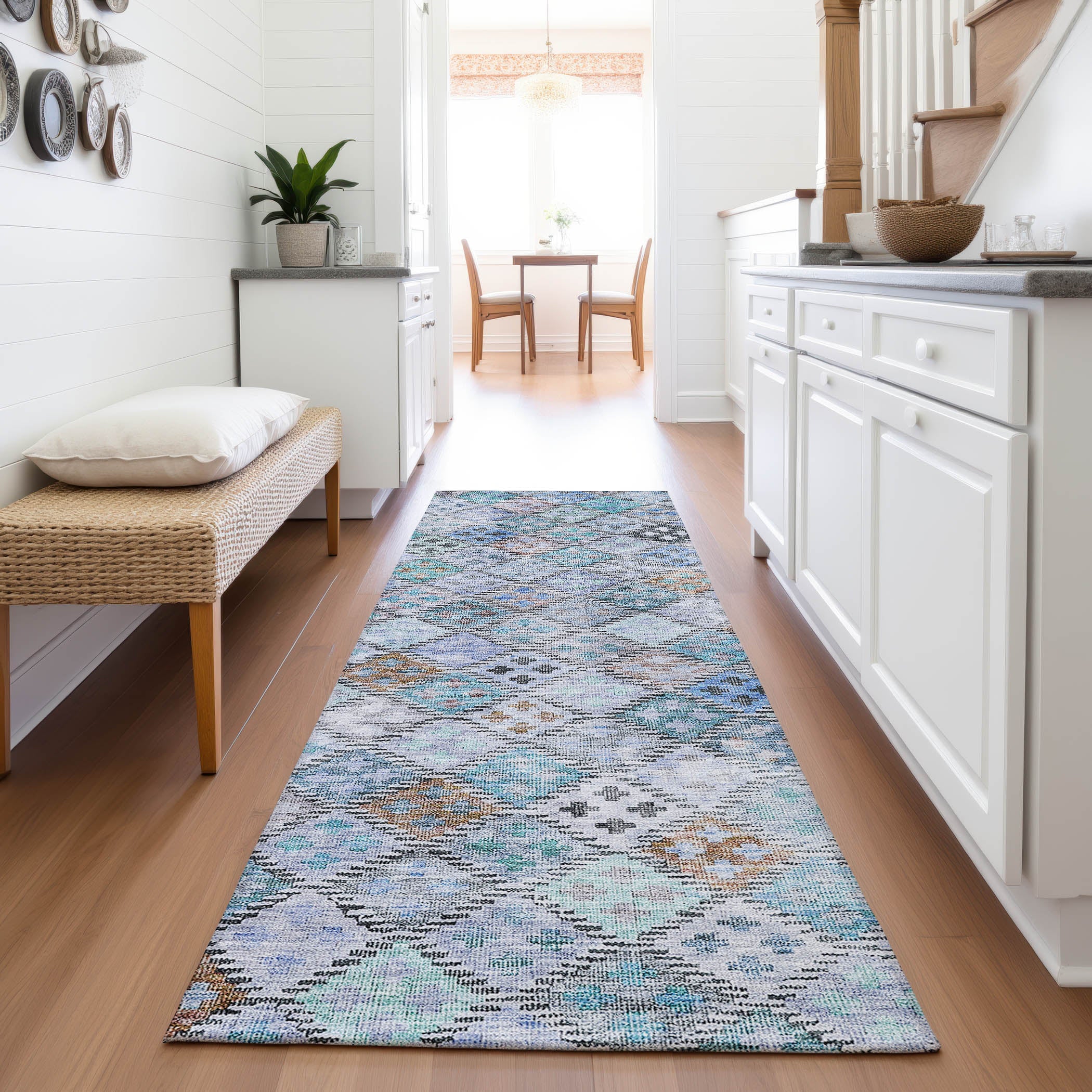 Antigua Machine Washable Transitional Blue Rug 2'3" x 7'6" #shape_Runner