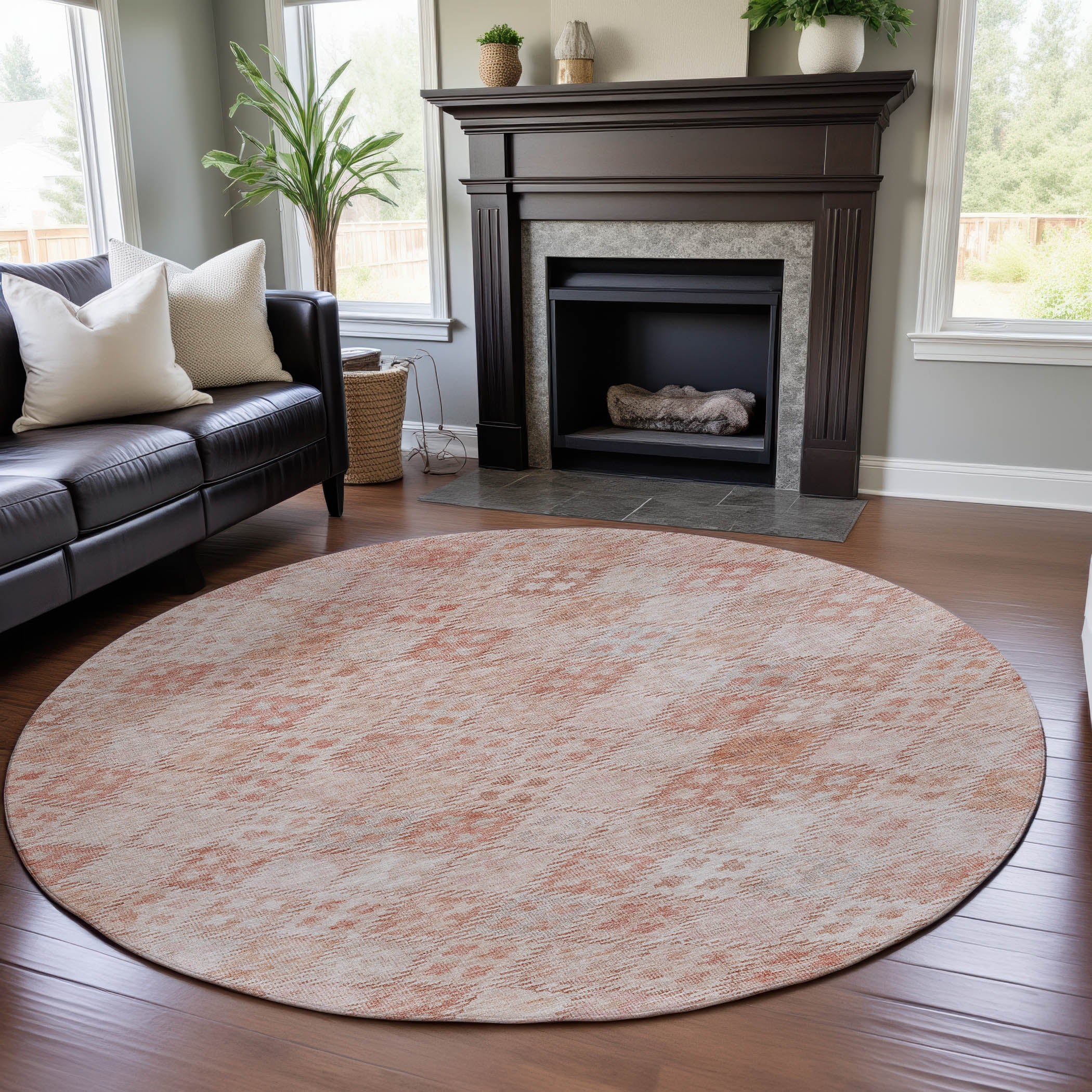 Antigua Machine Washable Transitional Pink Rug 8' x 8' #shape_Round