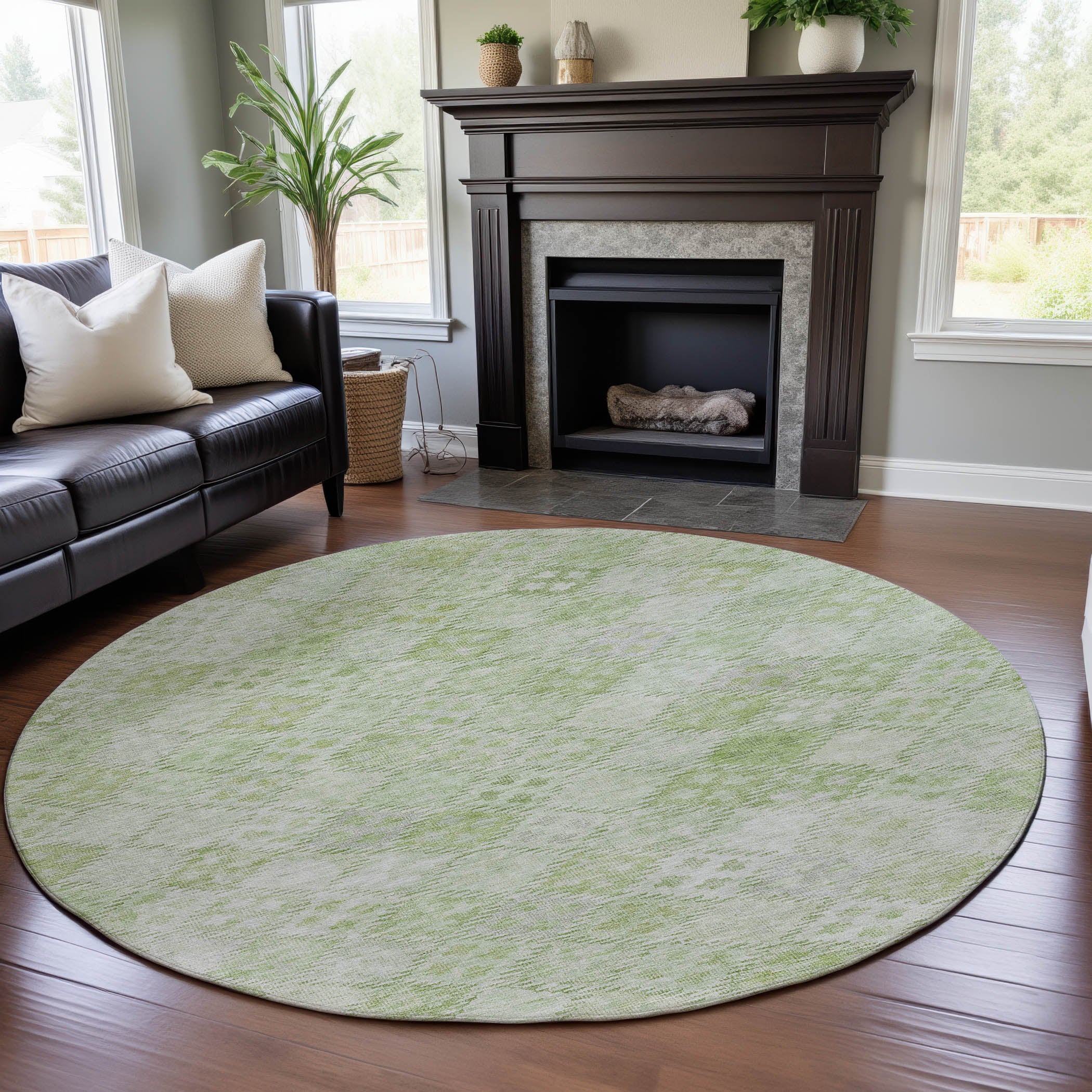 Antigua Machine Washable Transitional Sage Green Rug 8' x 8' #shape_Round