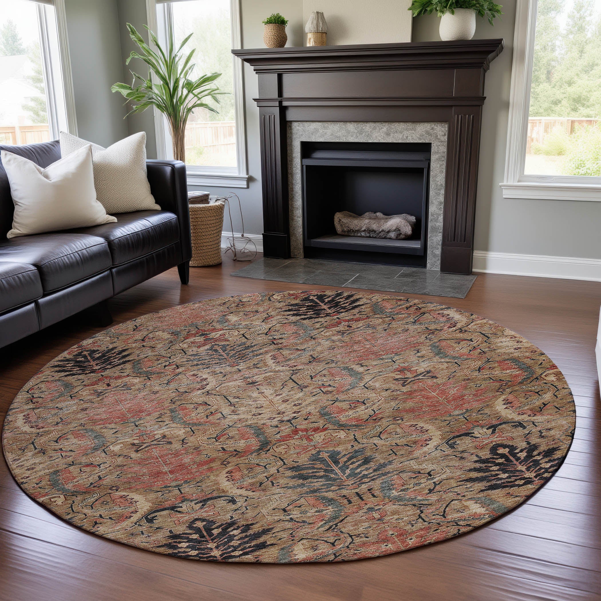 Siena Machine Washable Transitional Khaki Brown Rug 8' x 8' #shape_Round
