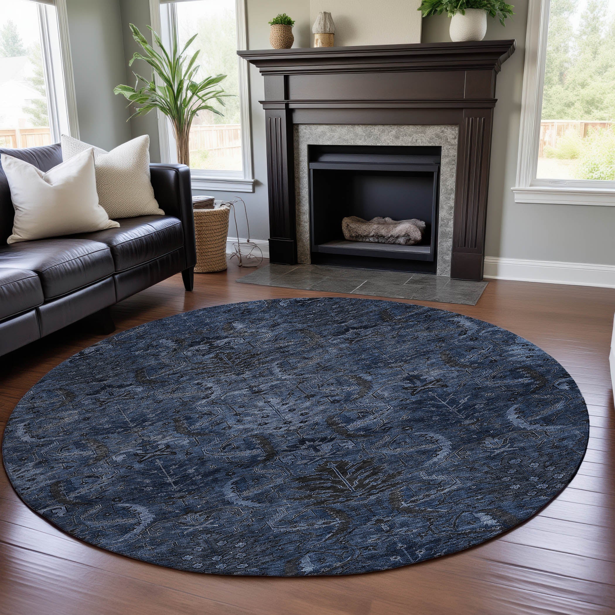 Siena Machine Washable Transitional Navy Blue Rug 8' x 8' #shape_Round