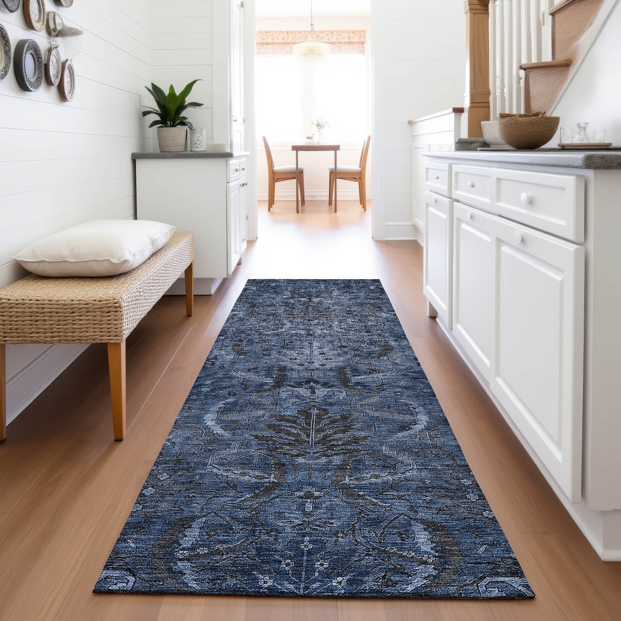 Siena Machine Washable Transitional Navy Blue Rug 2'3" x 7'6" #shape_Runner