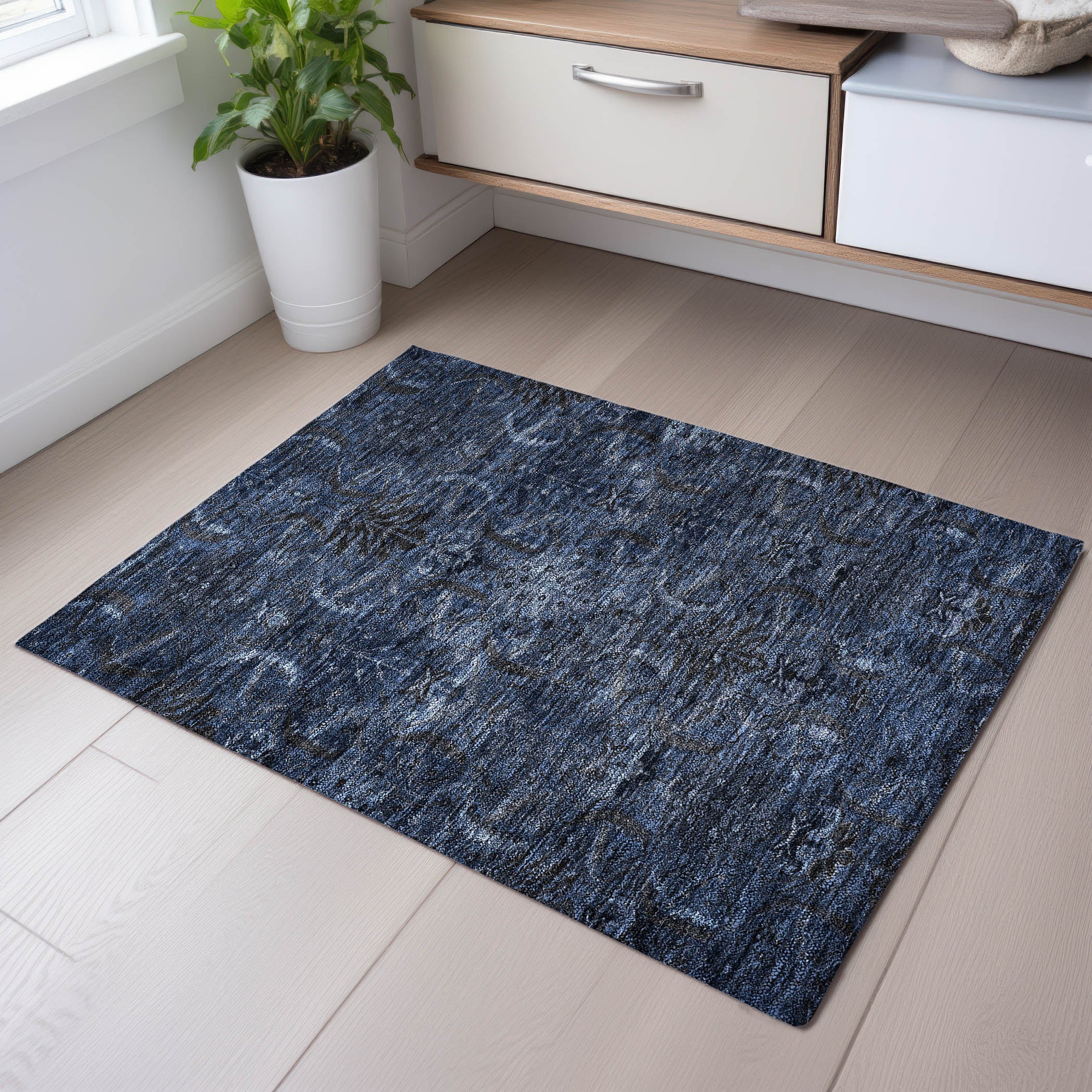 Siena Machine Washable Transitional Navy Blue Rug 1'8" x 2'6" #shape_Rectangle