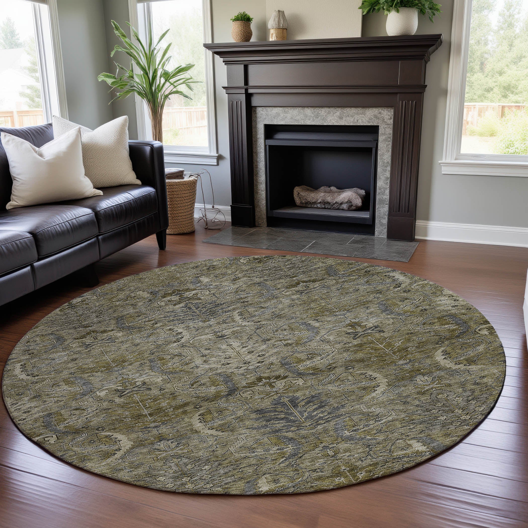 Siena Machine Washable Transitional Taupe Brown Rug 8' x 8' #shape_Round