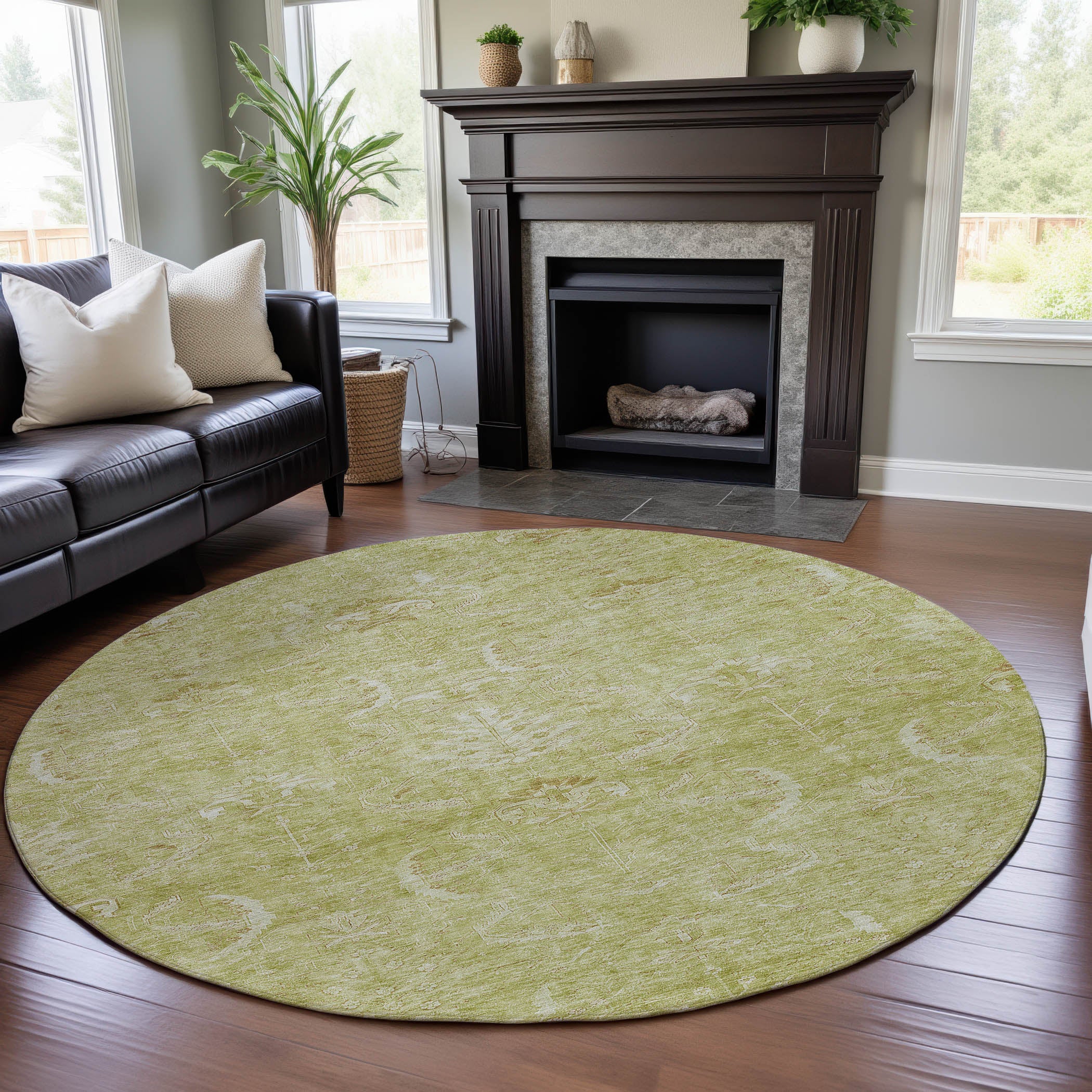 Seoul Machine Washable Transitional Aloe Green Rug 8' x 8' #shape_Round