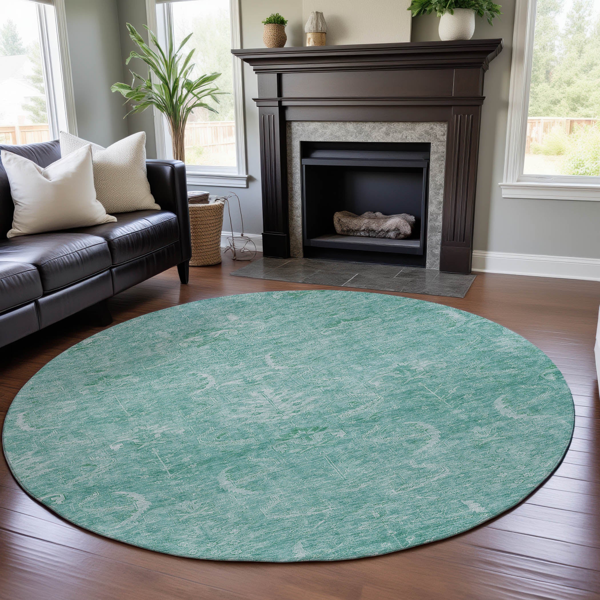 Seoul Machine Washable Transitional Aqua Teal Rug 8' x 8' #shape_Round