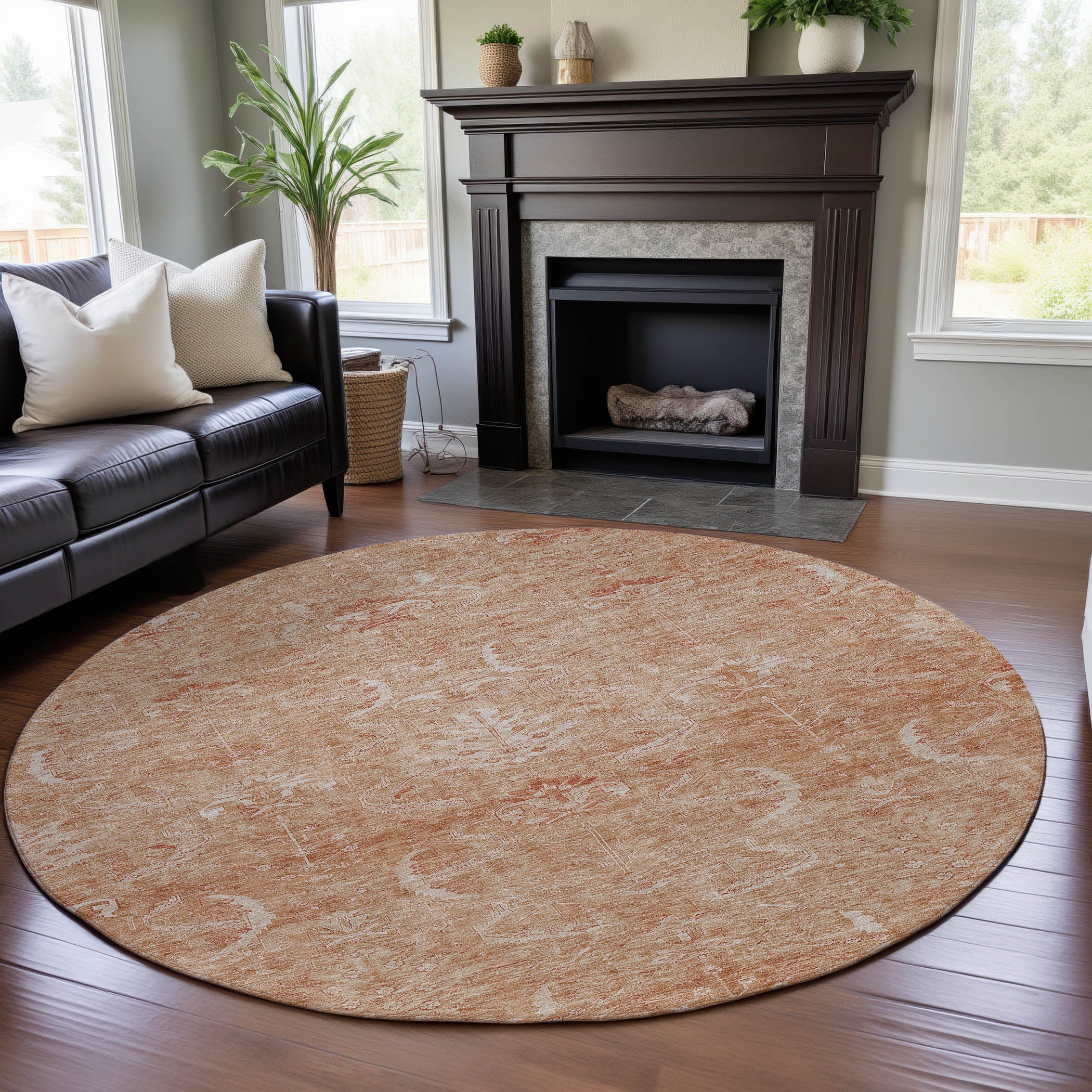 Seoul Machine Washable Transitional Salmon Orange Rug 8' x 8' #shape_Round