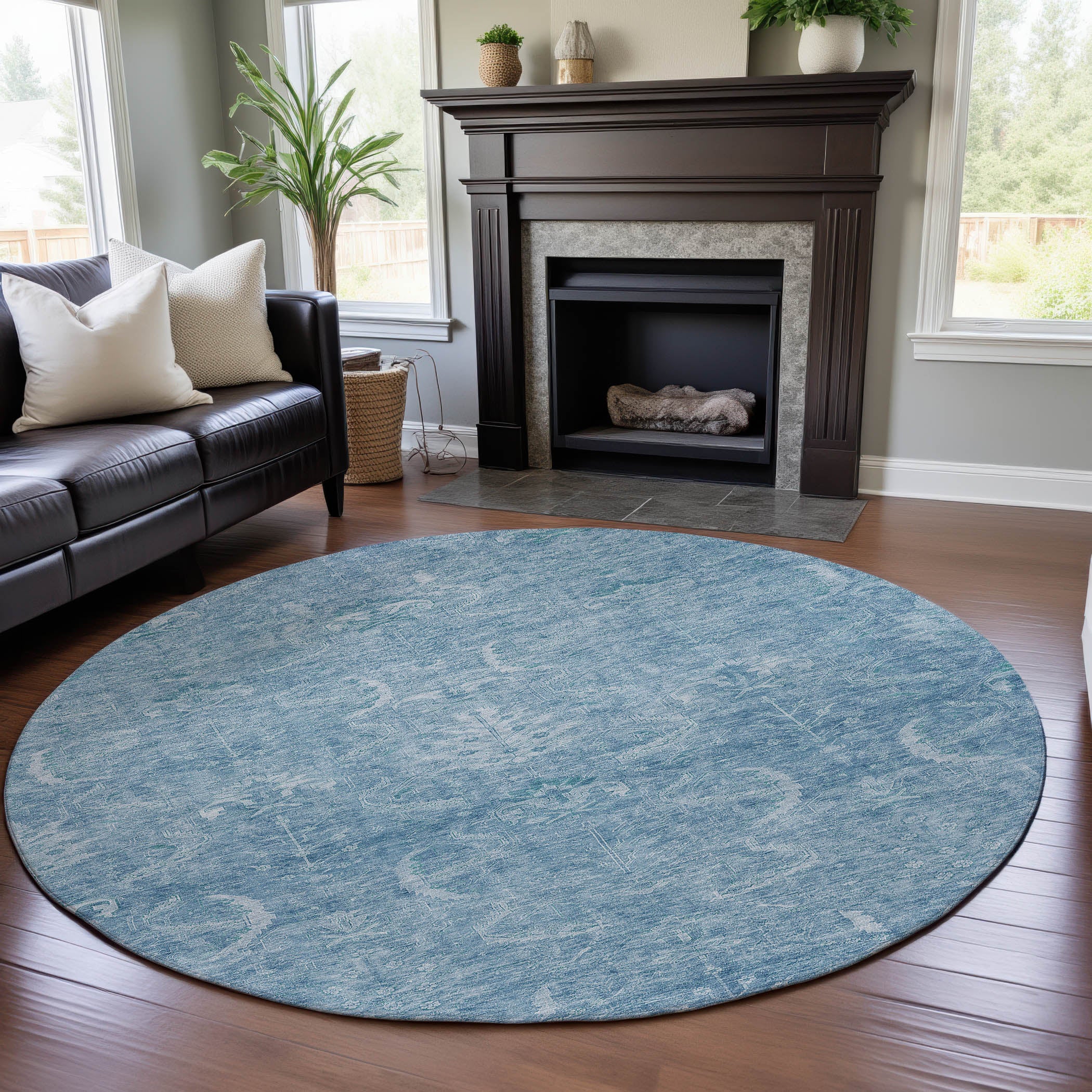 Seoul Machine Washable Transitional Sky Blue Rug 8' x 8' #shape_Round