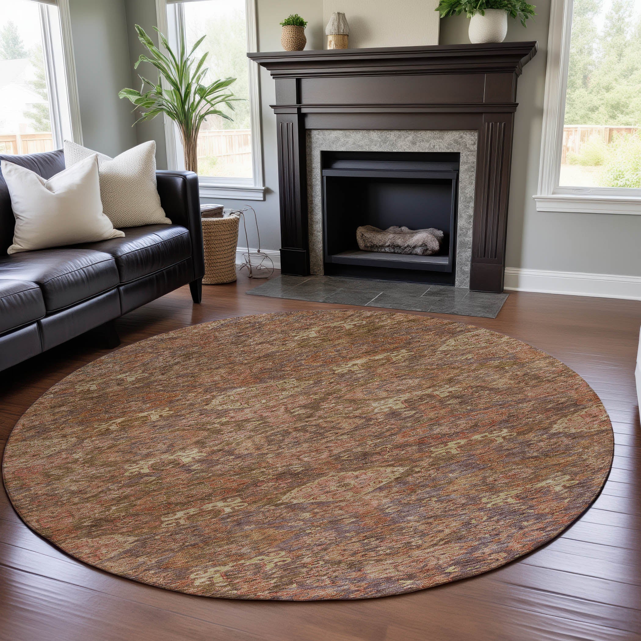 Oslo Machine Washable Transitional Brown Rug 8' x 8' #shape_Round