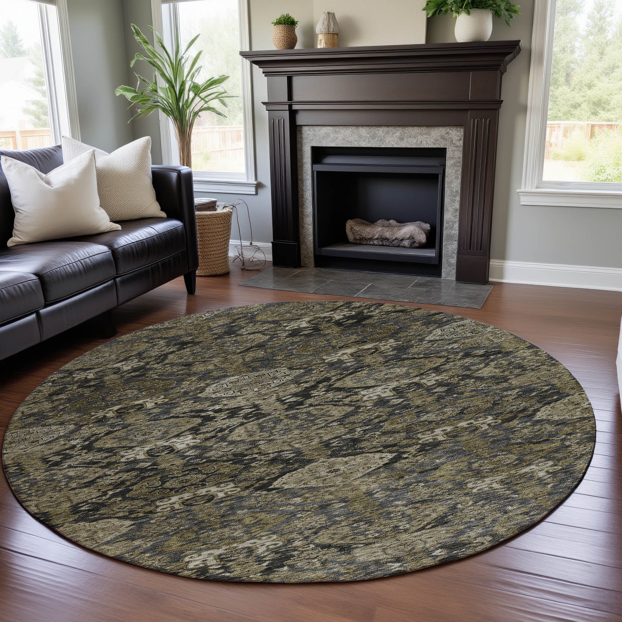 Oslo Machine Washable Transitional Charcoal Gray Rug 8' x 8' #shape_Round