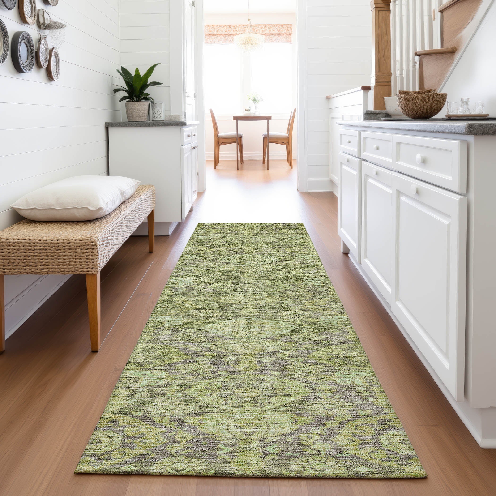 Oslo Machine Washable Transitional Green Rug 2'3" x 7'6" #shape_Runner