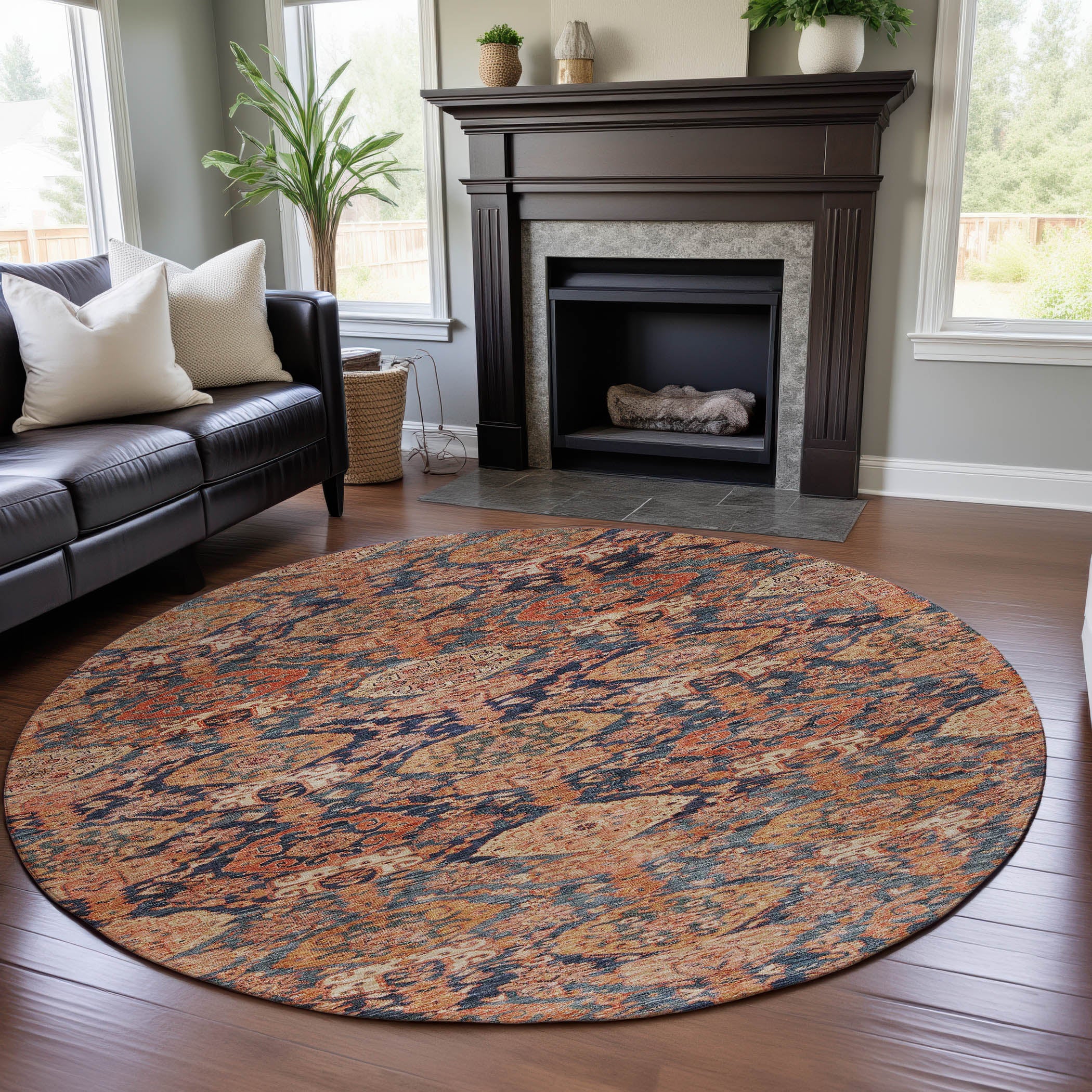 Oslo Machine Washable Transitional Terracotta Orange Rug 8' x 8' #shape_Round