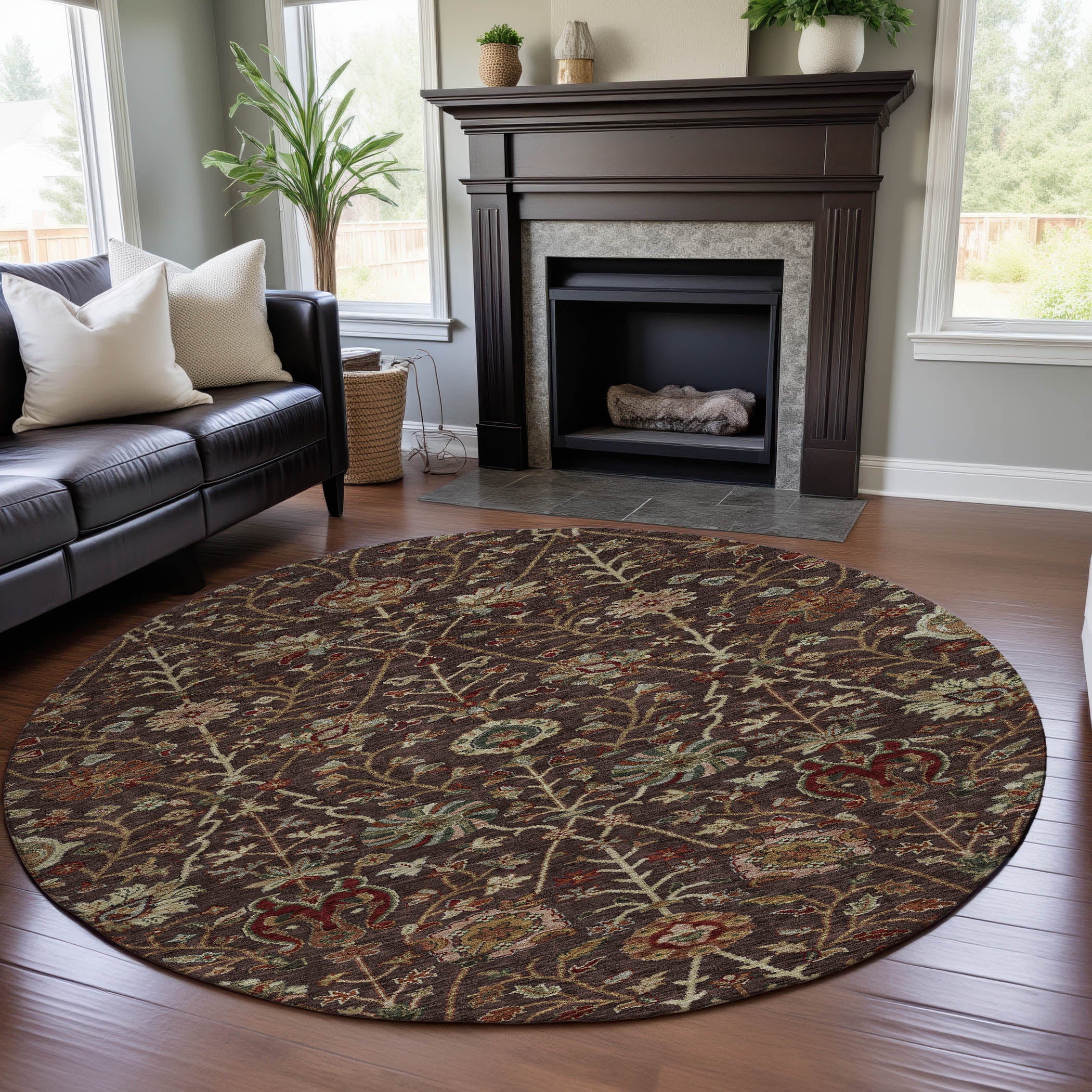 Dubrovnik Machine Washable Transitional Chocolate Brown Rug 8' x 8' #shape_Round