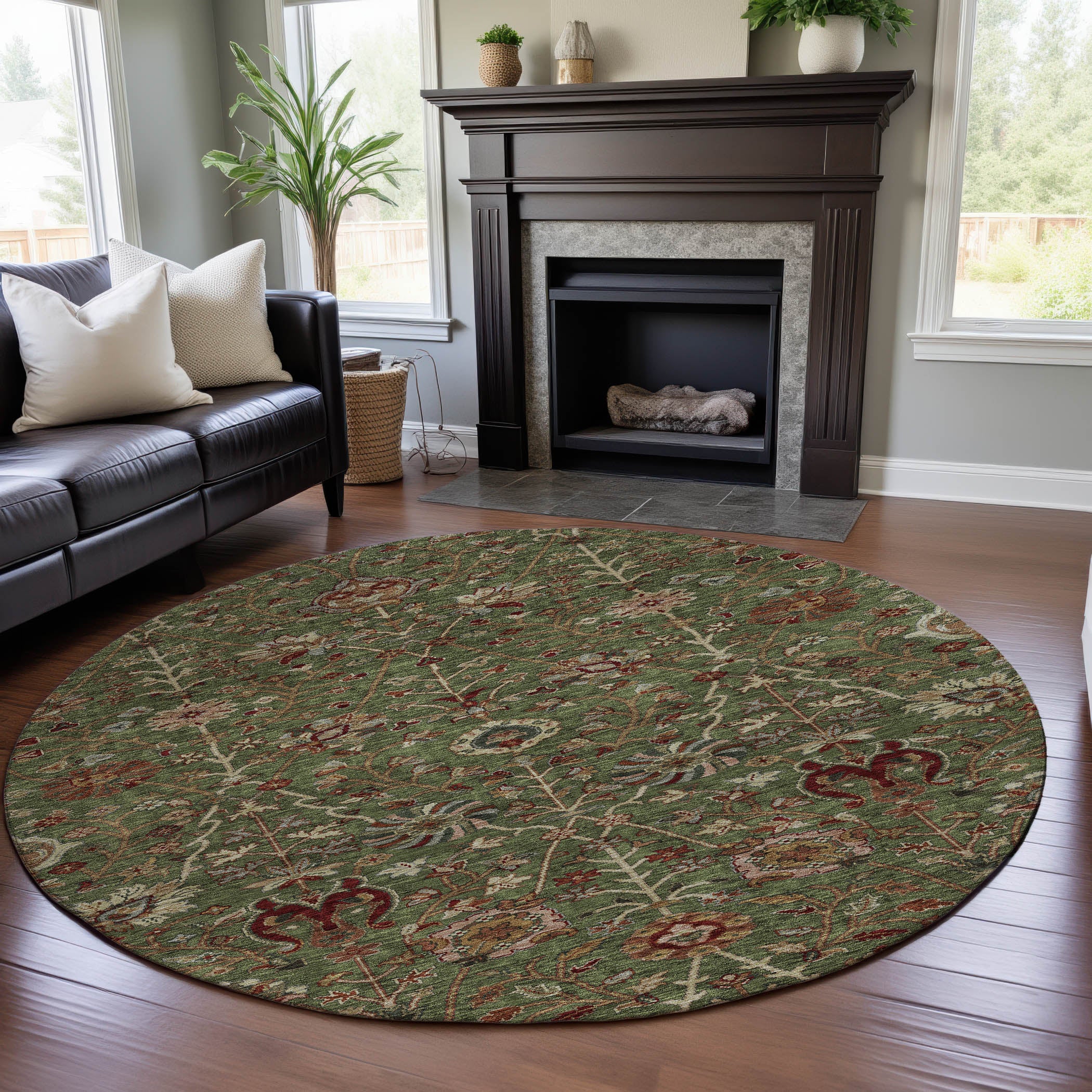 Dubrovnik Machine Washable Transitional Fern Green Rug 8' x 8' #shape_Round