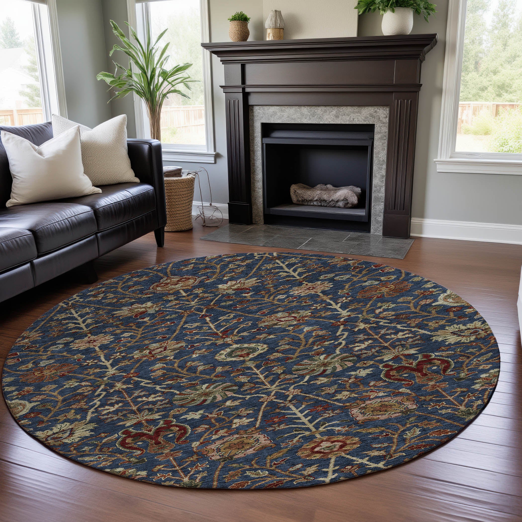 Dubrovnik Machine Washable Transitional Navy Blue Rug 8' x 8' #shape_Round