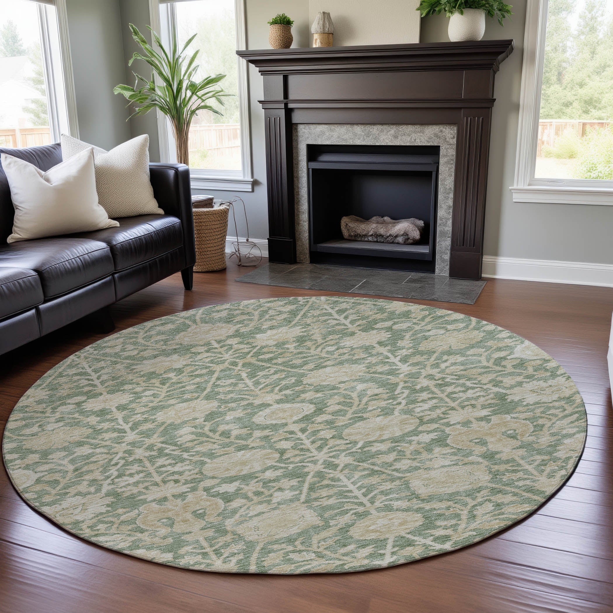 Budapest Machine Washable Transitional Aloe Green Rug 8' x 8' #shape_Round