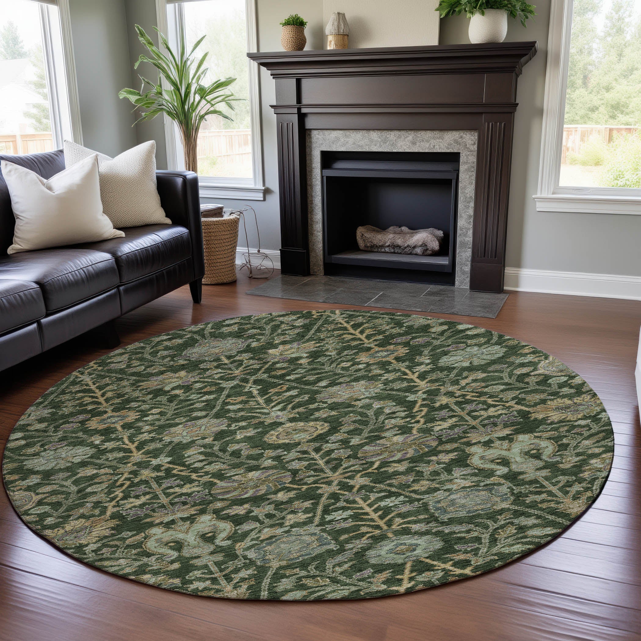 Bangkok Machine Washable Transitional Green Rug 8' x 8' #shape_Round