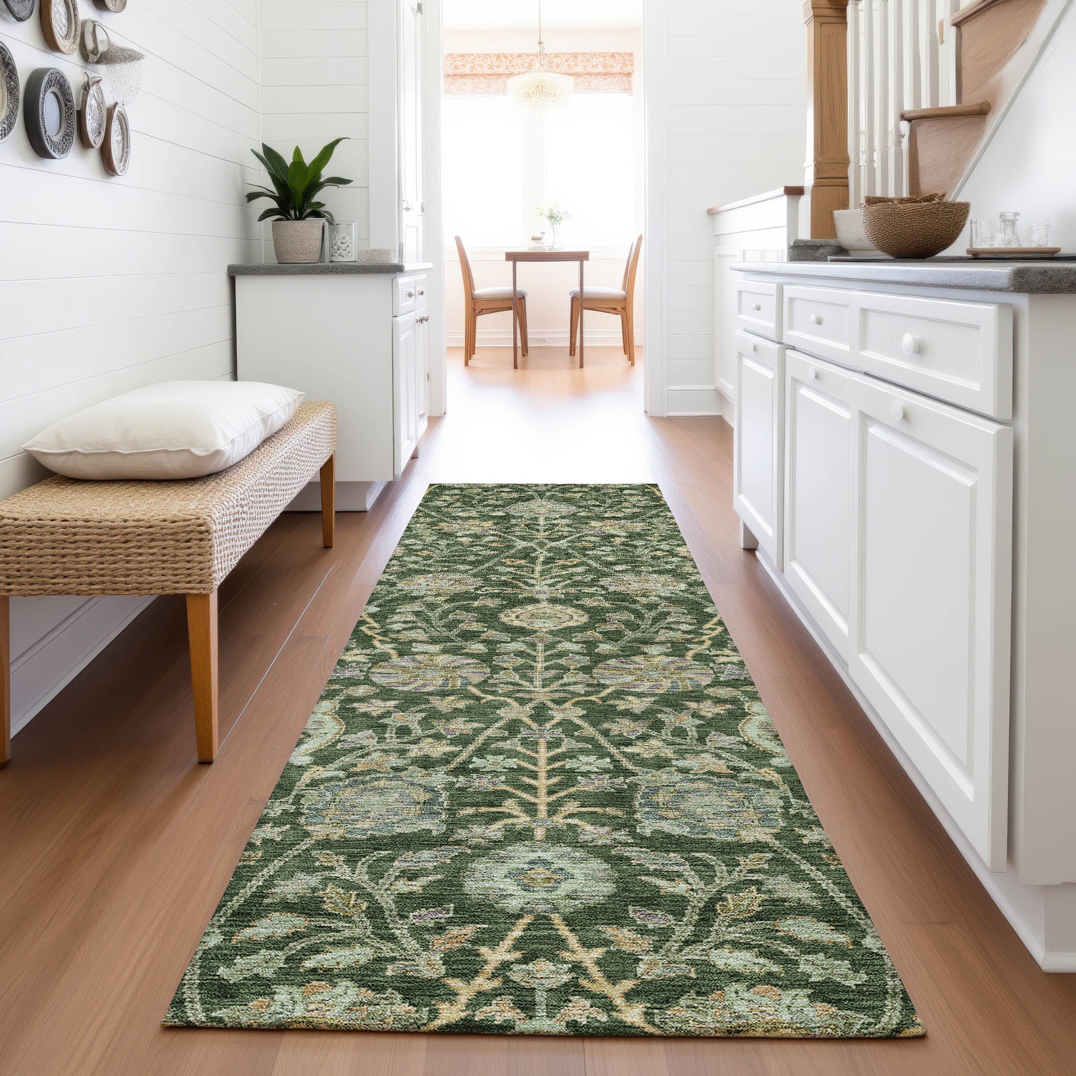 Bangkok Machine Washable Transitional Green Rug 2'3" x 7'6" #shape_Runner
