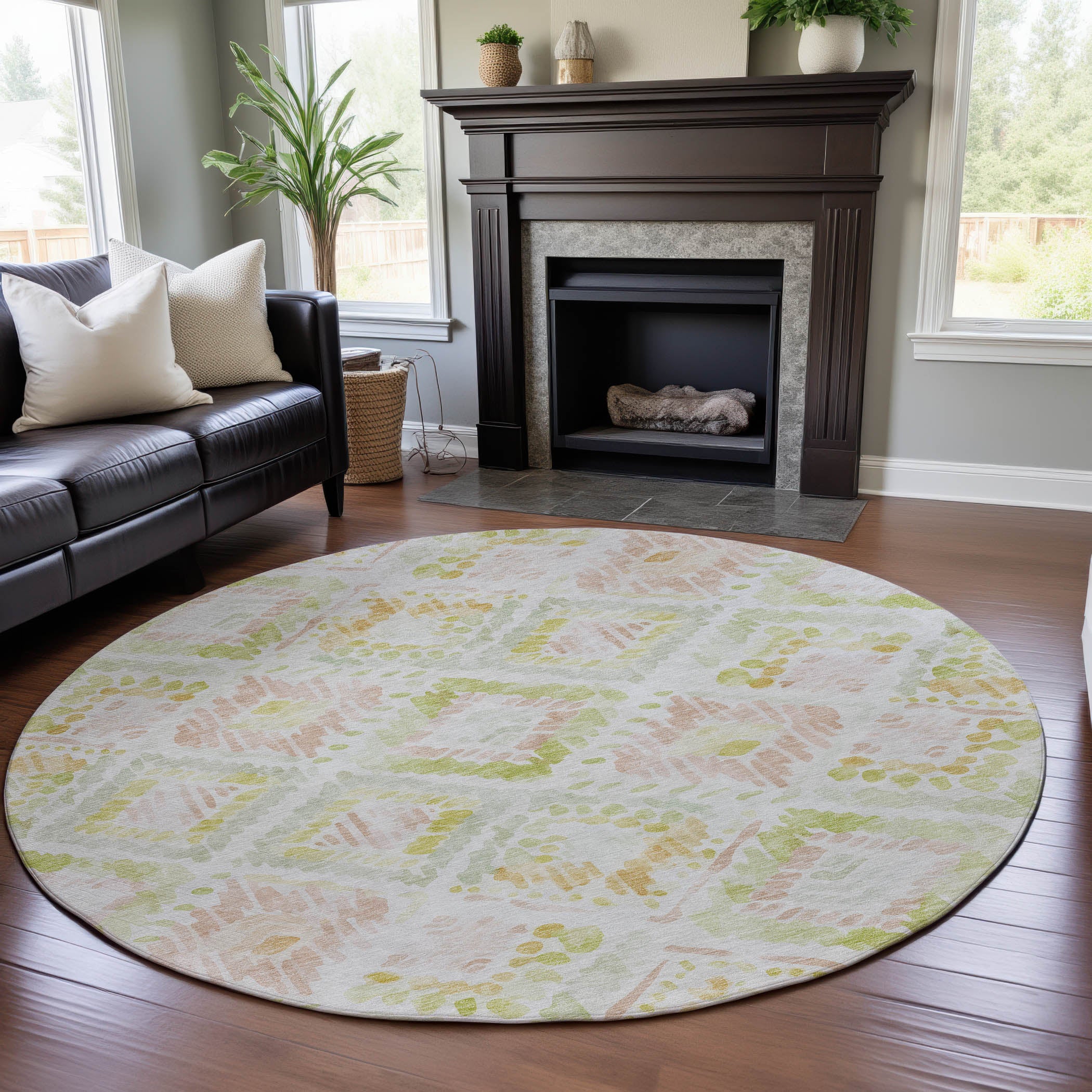 Sarajevo Machine Washable Transitional Pink Rug 8' x 8' #shape_Round