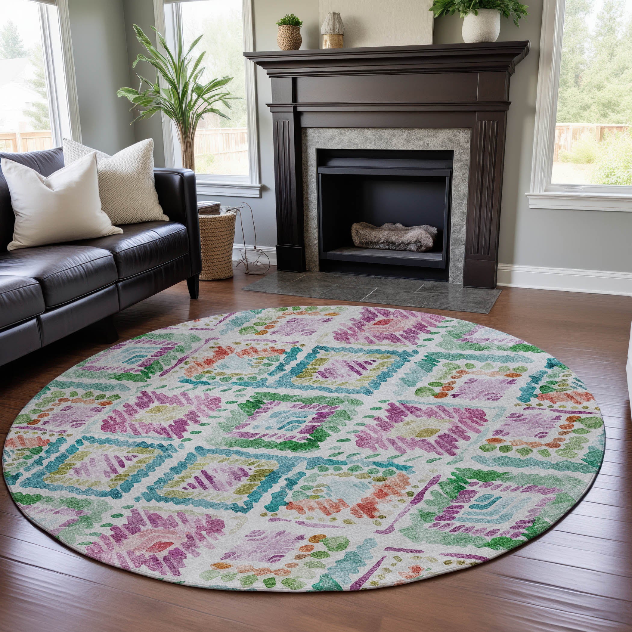 Sarajevo Machine Washable Transitional Teal Rug 8' x 8' #shape_Round