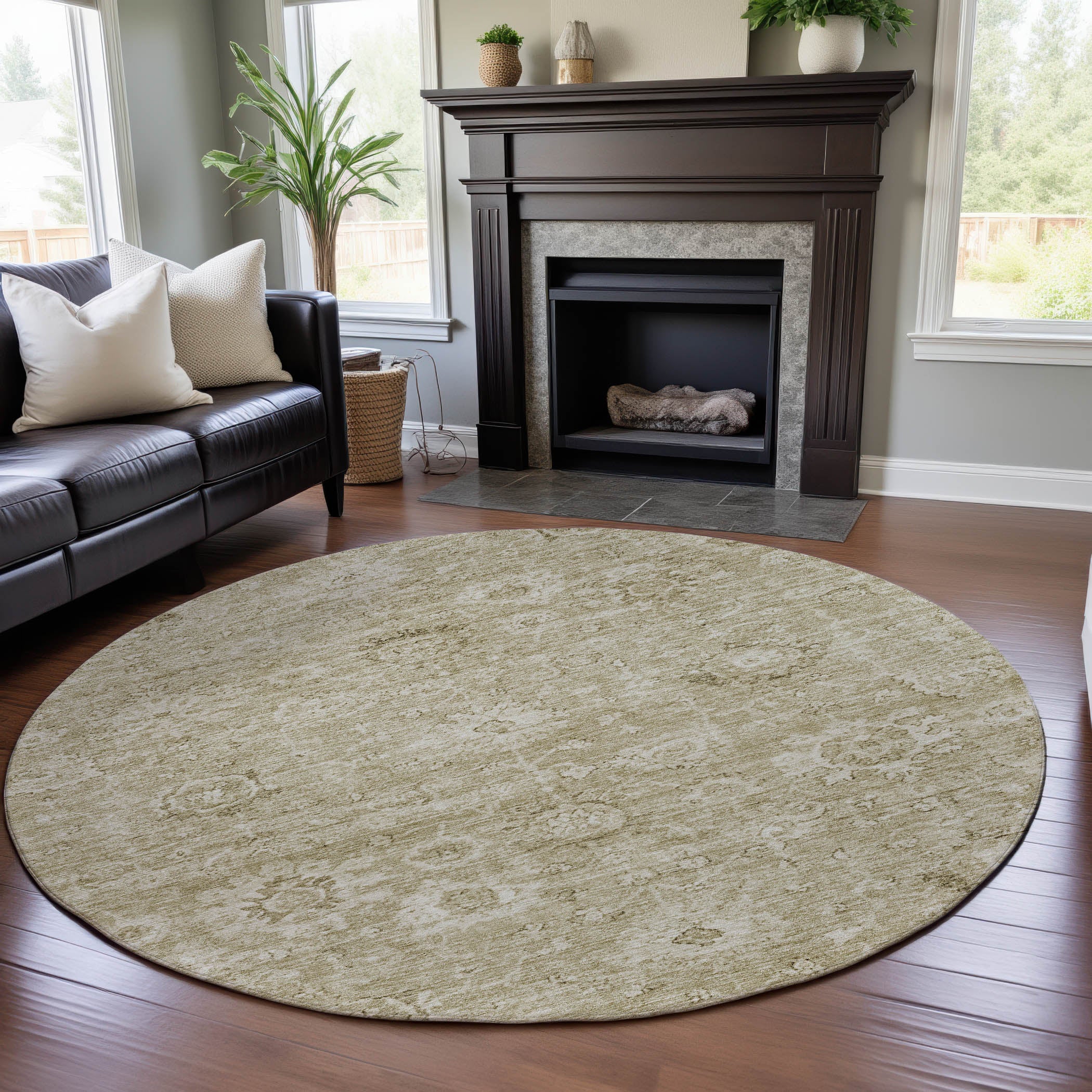 Sarajevo Machine Washable Transitional Beige Brown Rug 8' x 8' #shape_Round