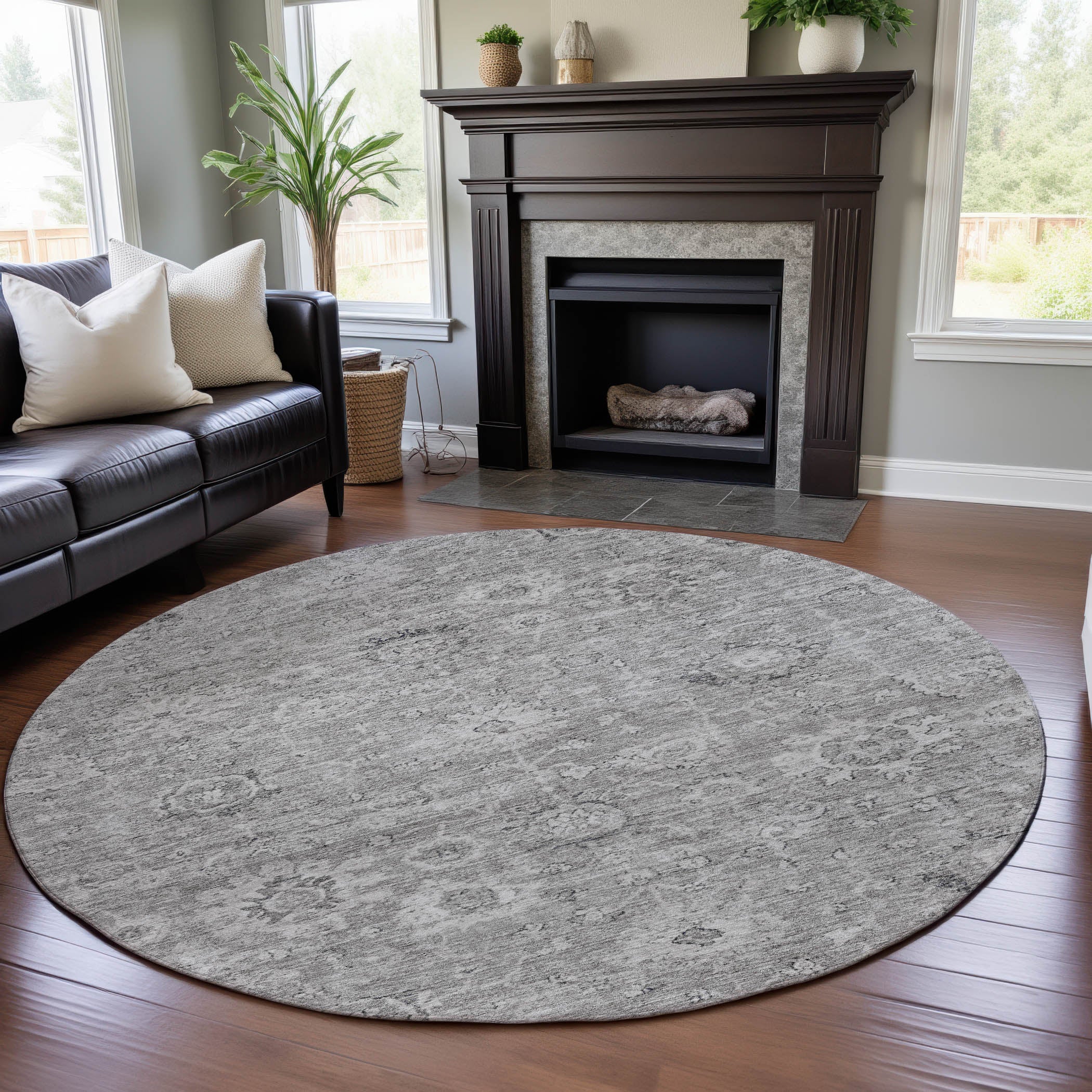 Sarajevo Machine Washable Transitional Gray Rug 8' x 8' #shape_Round