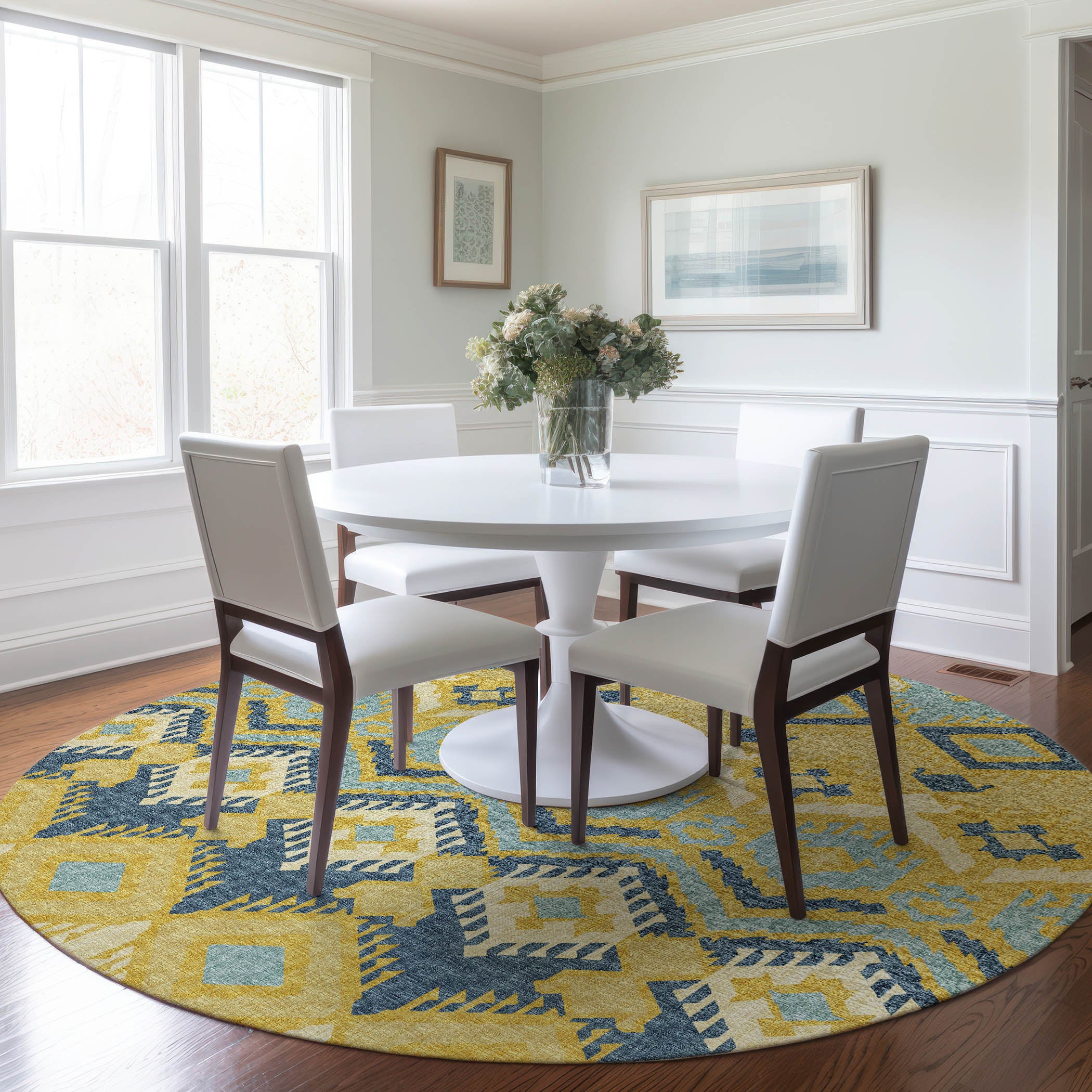 Sintra Machine Washable Transitional Yellow Rug 8' x 8' #shape_Round