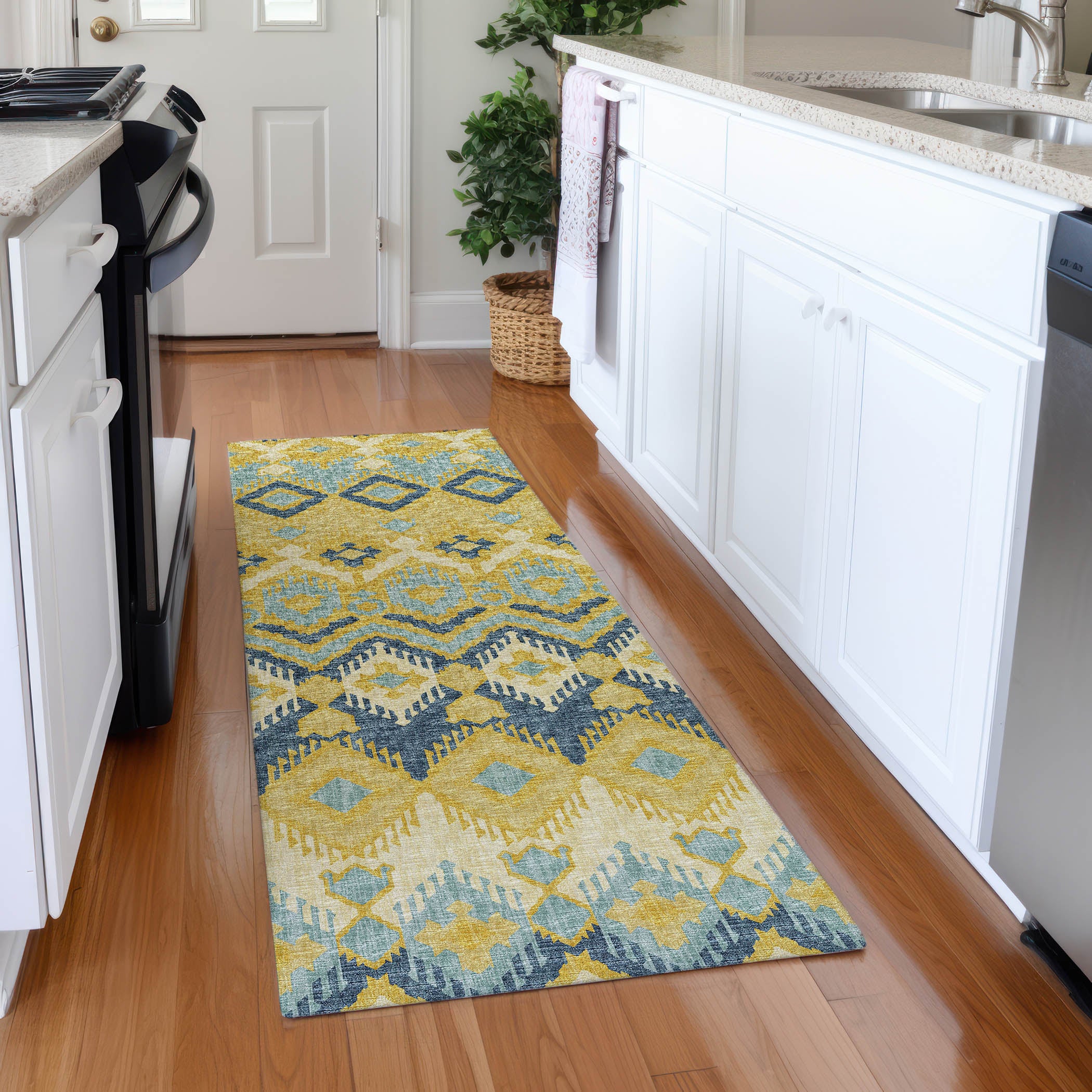 Sintra Machine Washable Transitional Yellow Rug 2'3" x 7'6" #shape_Runner