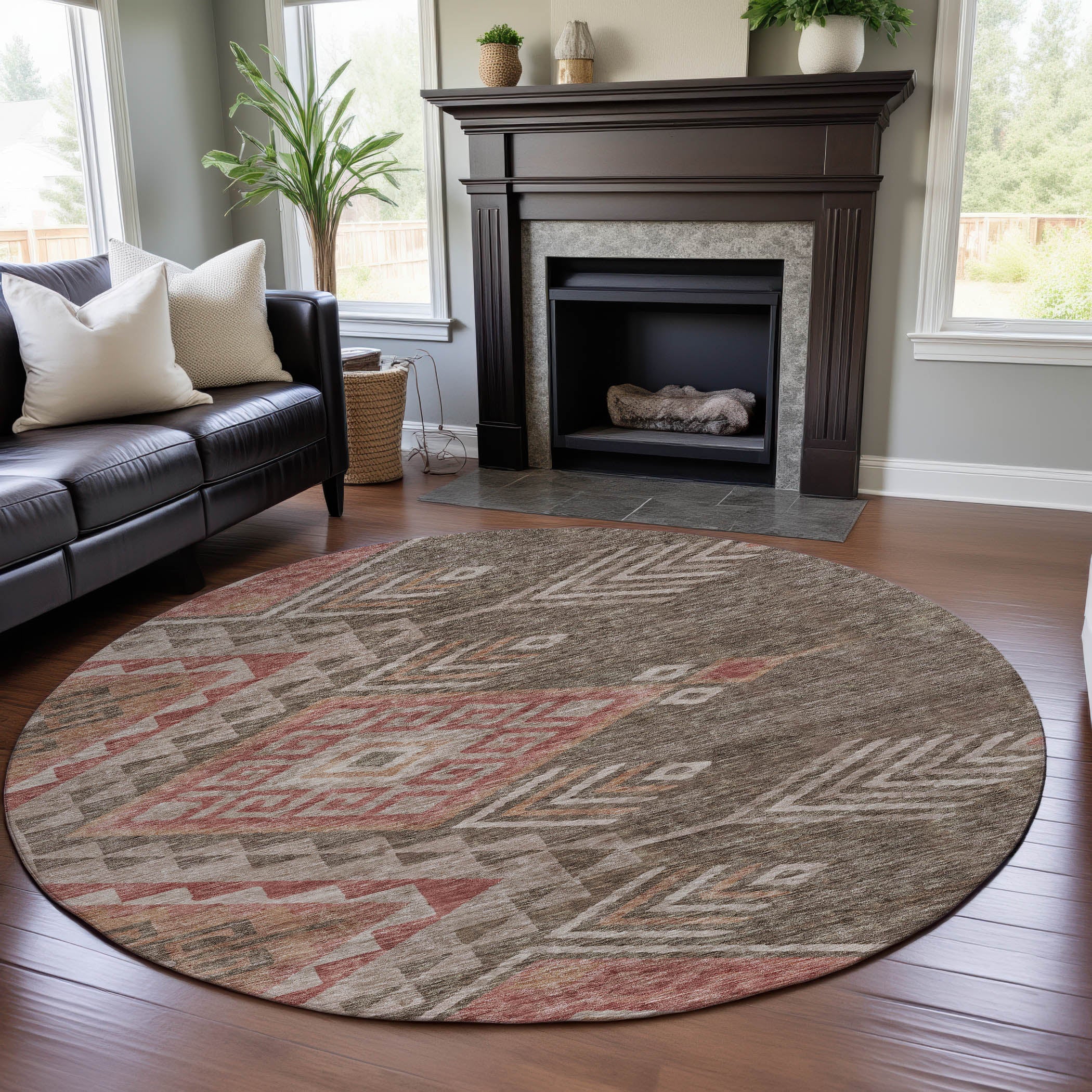 Sarajevo Machine Washable Transitional Brown Rug 8' x 8' #shape_Round