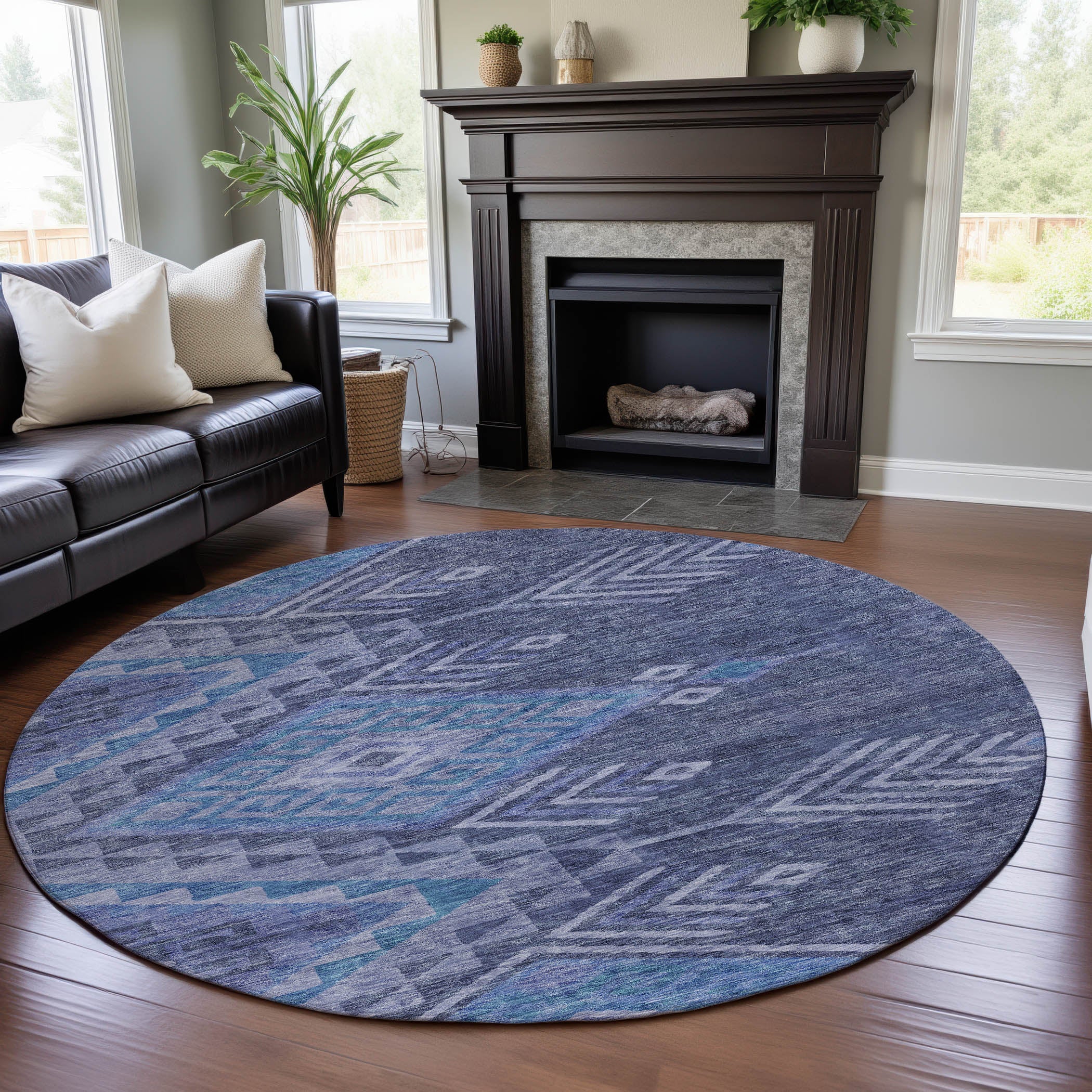 Sarajevo Machine Washable Transitional Navy Blue Rug 8' x 8' #shape_Round