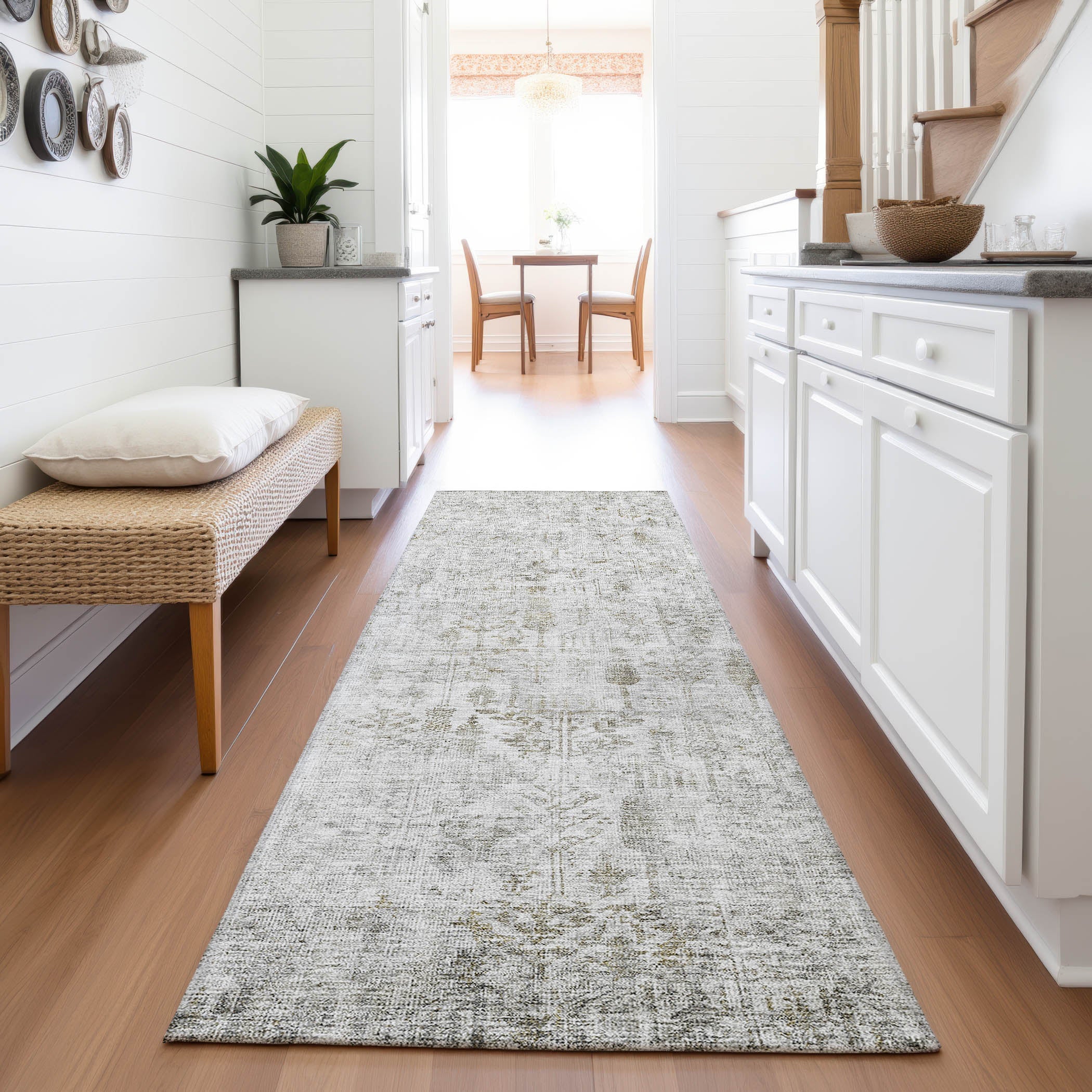 Kathmandu Machine Washable Transitional Silver Gray Rug 2'3" x 7'6" #shape_Runner