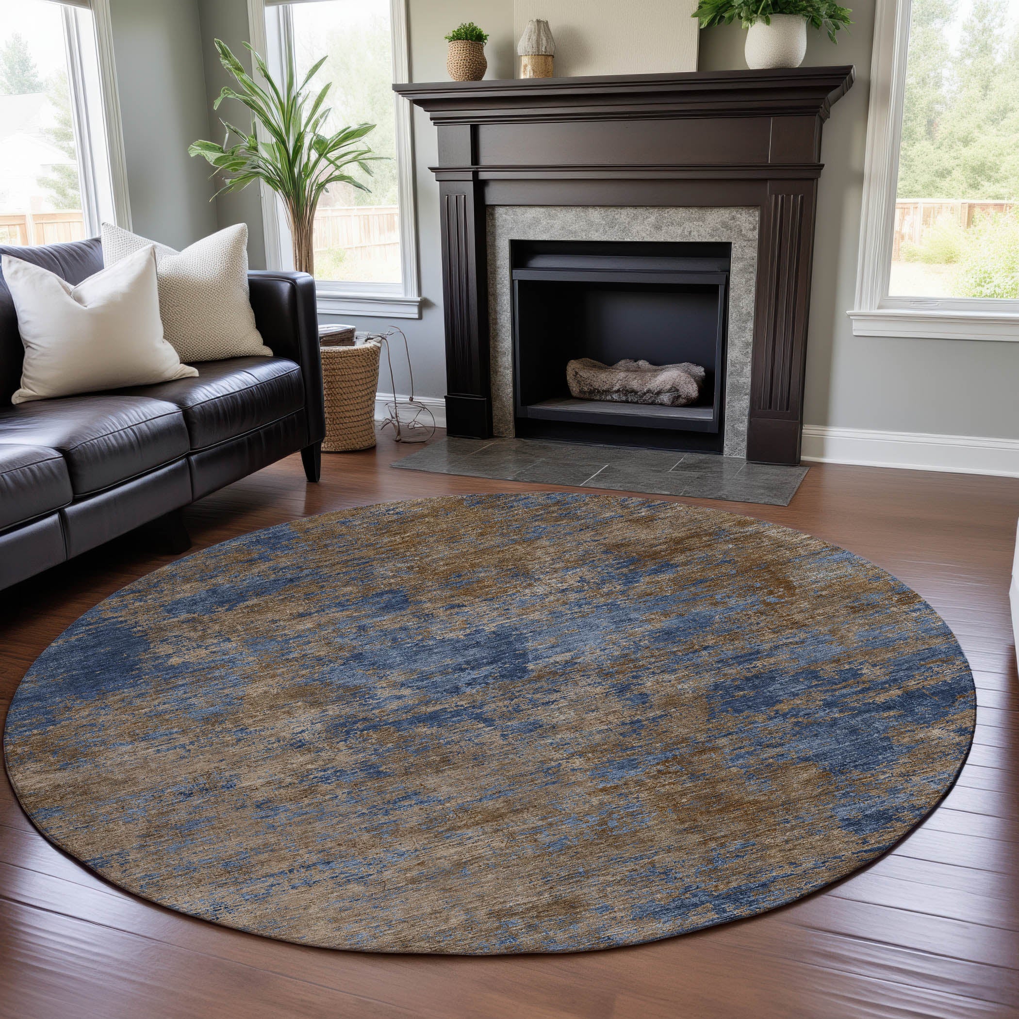 Reykjavik Machine Washable Transitional Navy Blue Rug 8' x 8' #shape_Round
