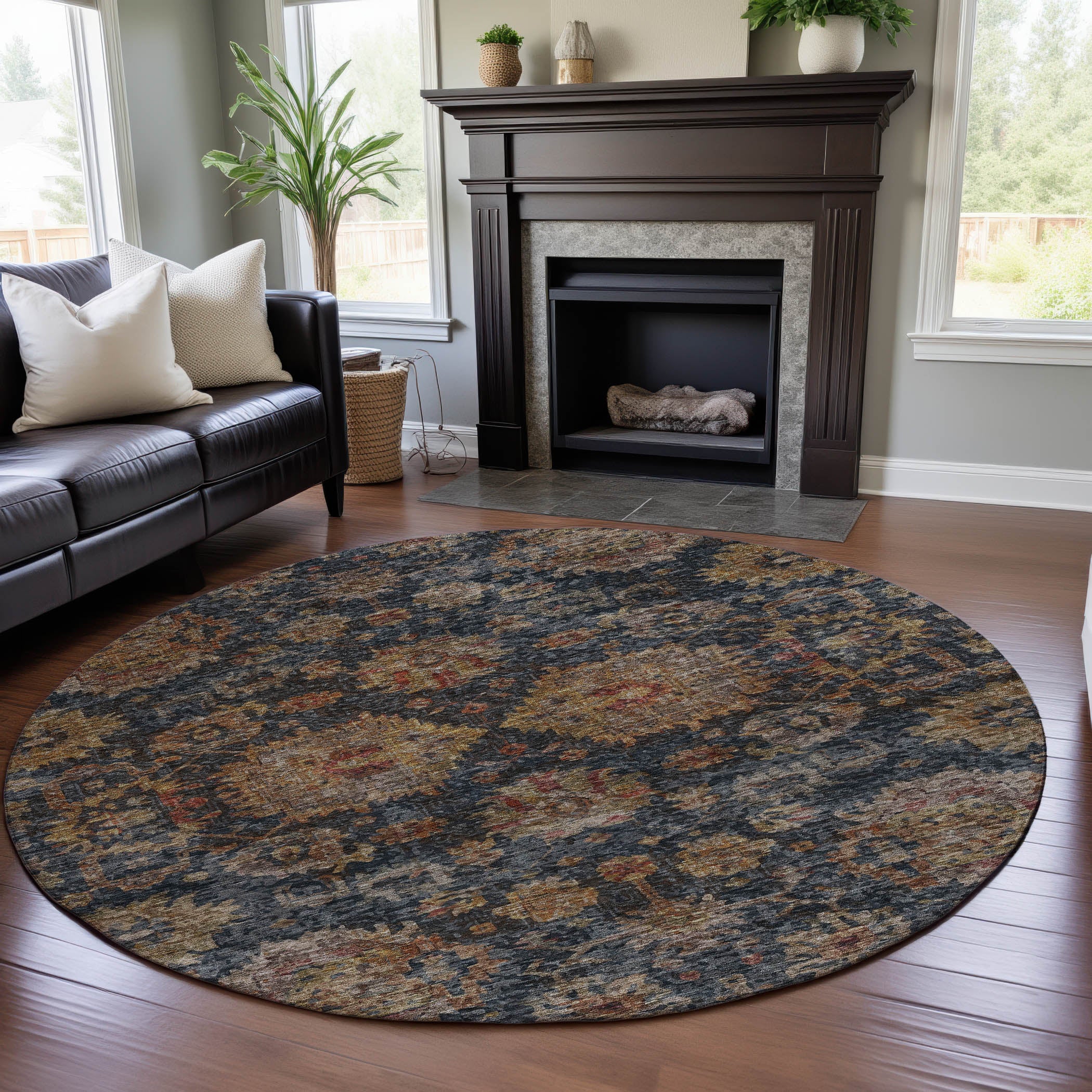 Queenstown Machine Washable Traditional Navy Blue Rug 8' x 8' #shape_Round