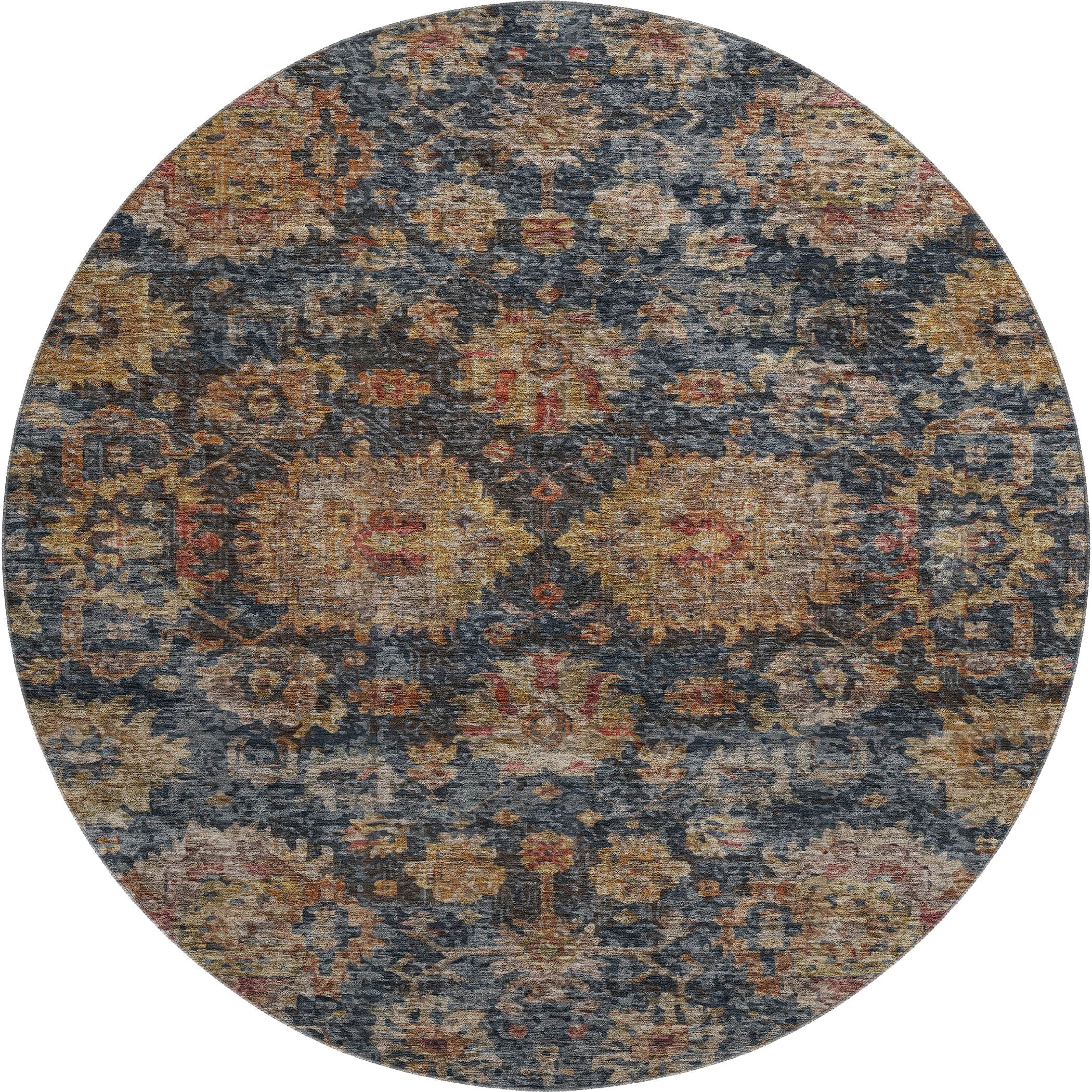Queenstown Machine Washable Traditional Navy Blue Rug 8' x 8' #shape_Round