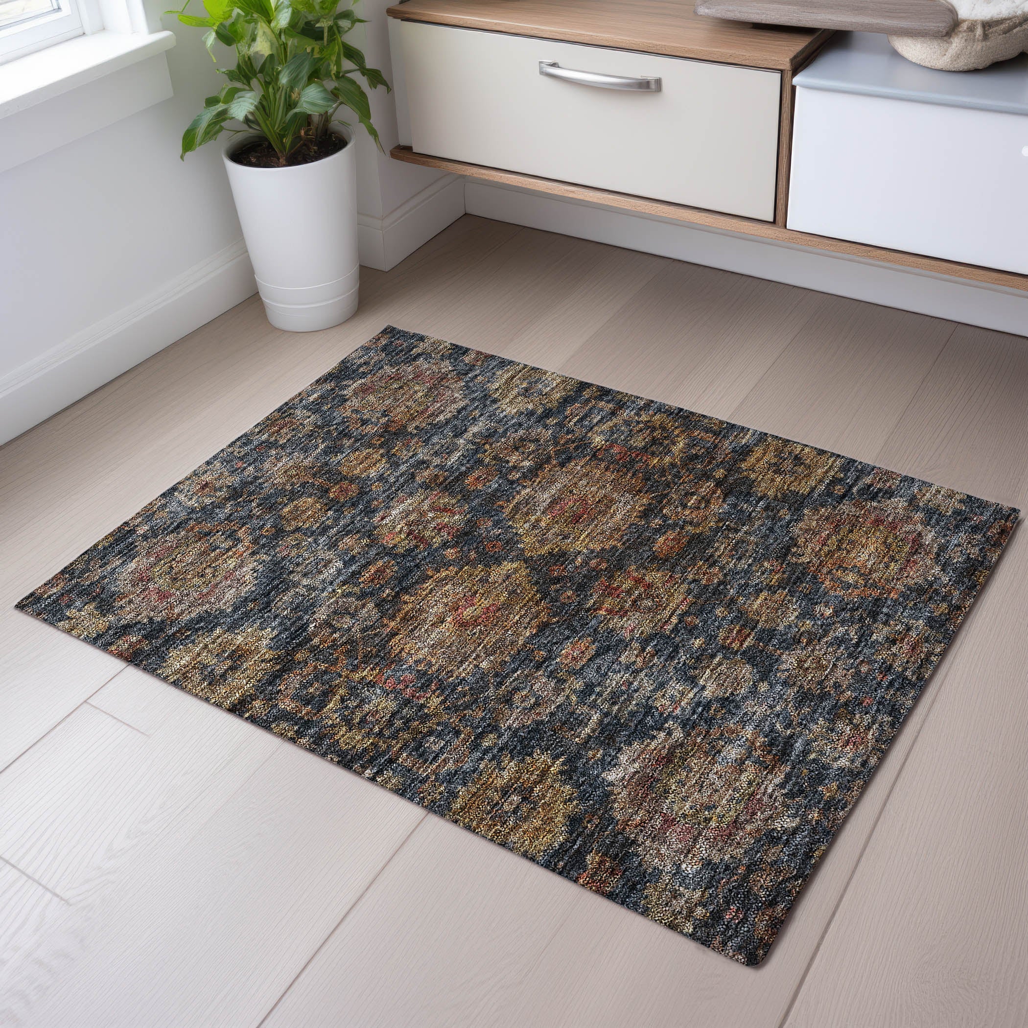 Queenstown Machine Washable Traditional Navy Blue Rug 1'8" x 2'6" #shape_Rectangle
