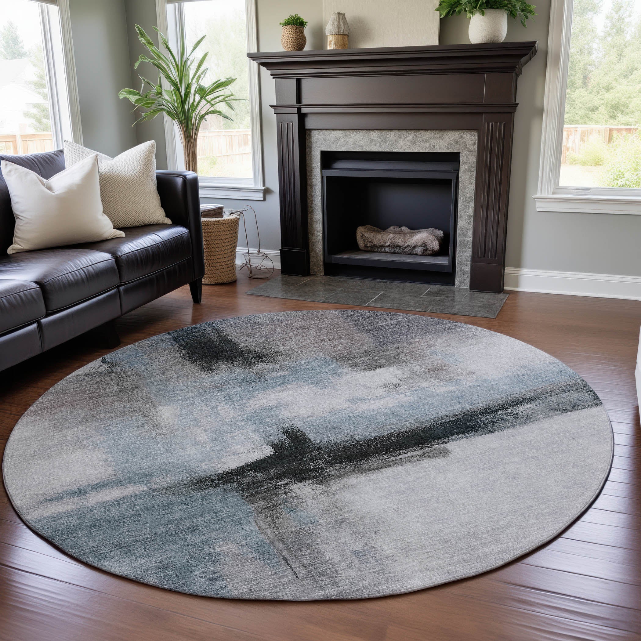 Lisbon Machine Washable Transitional Blue Rug 8' x 8' #shape_Round