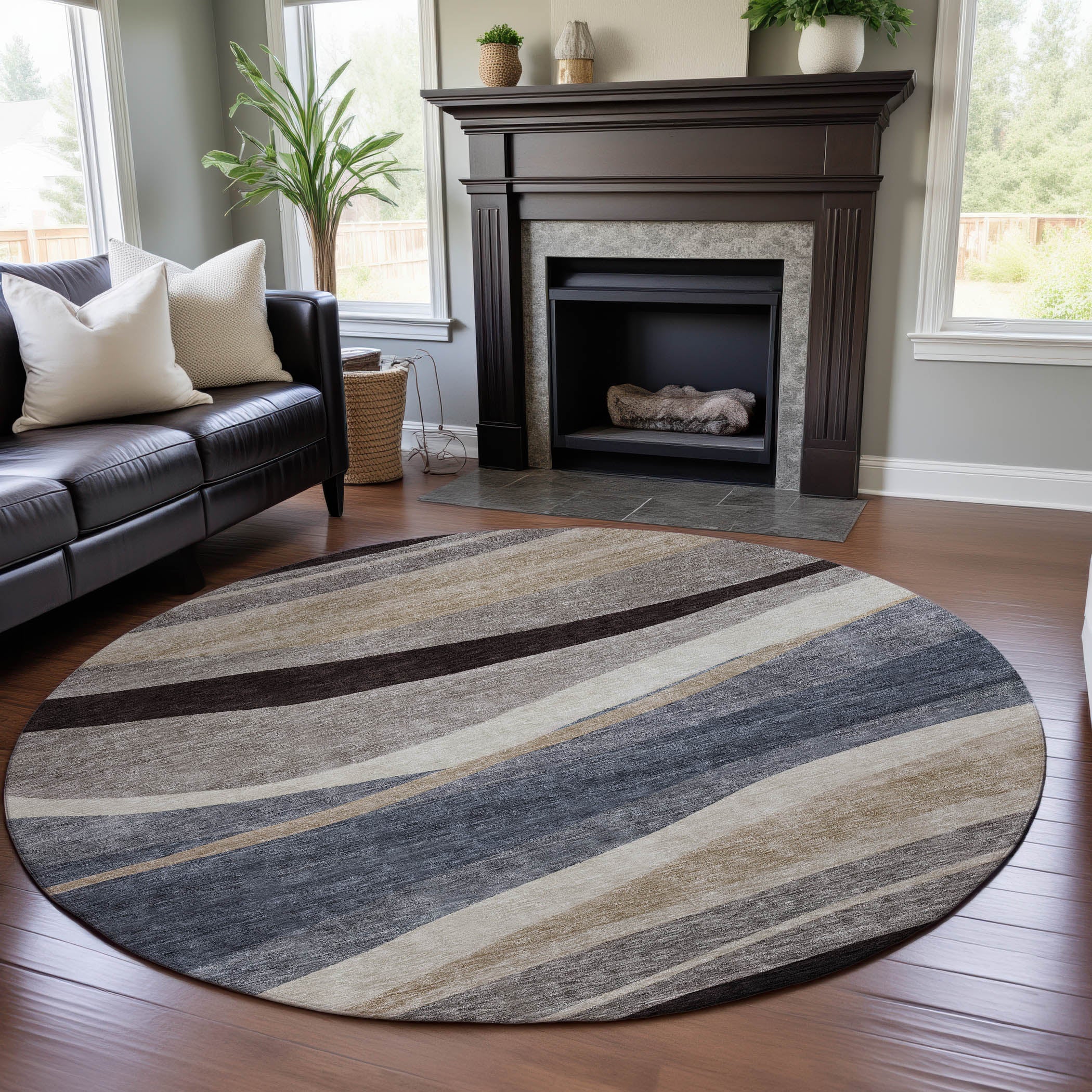 Split Machine Washable Transitional Blue Rug 8' x 8' #shape_Round