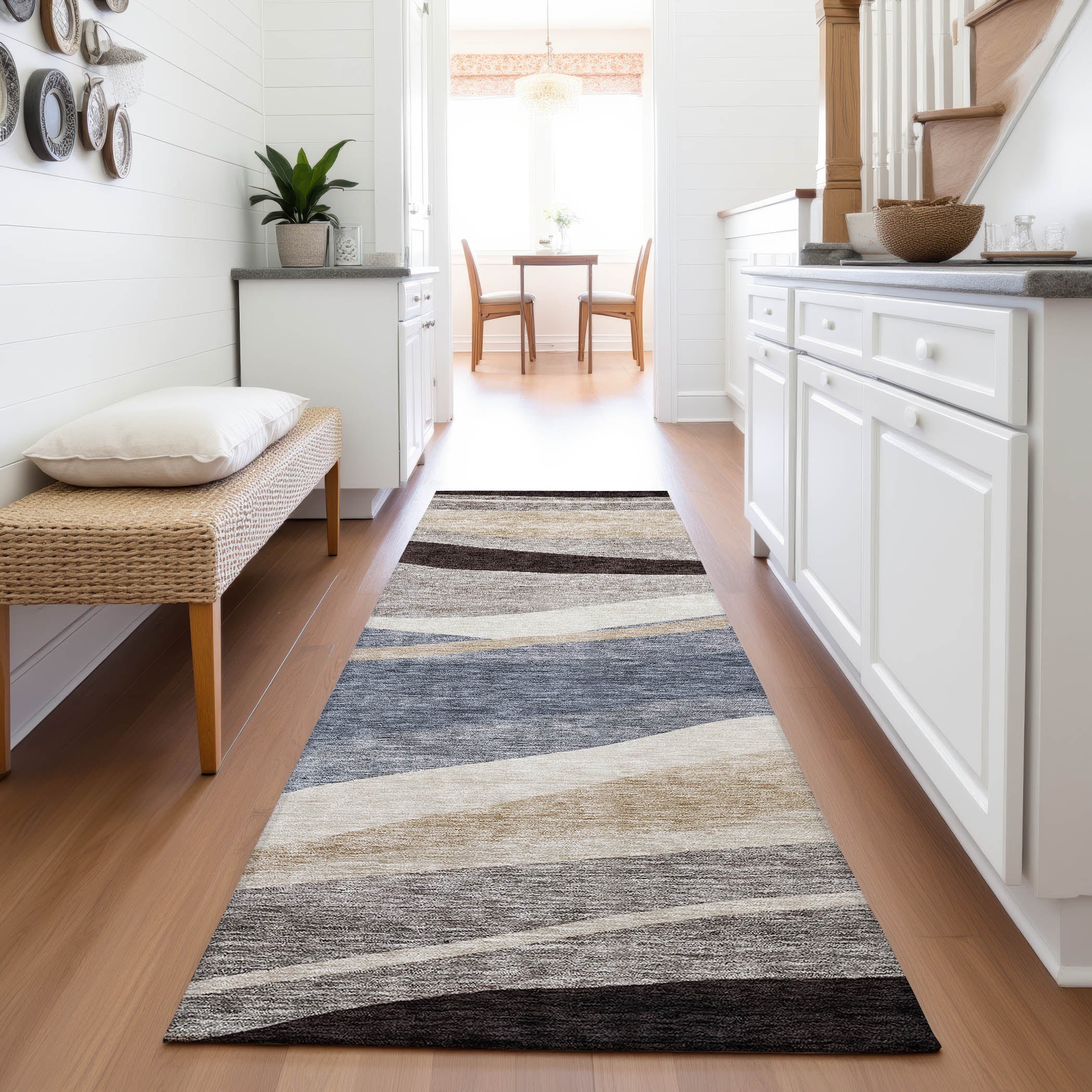 Split Machine Washable Transitional Blue Rug 2'3" x 7'6" #shape_Runner