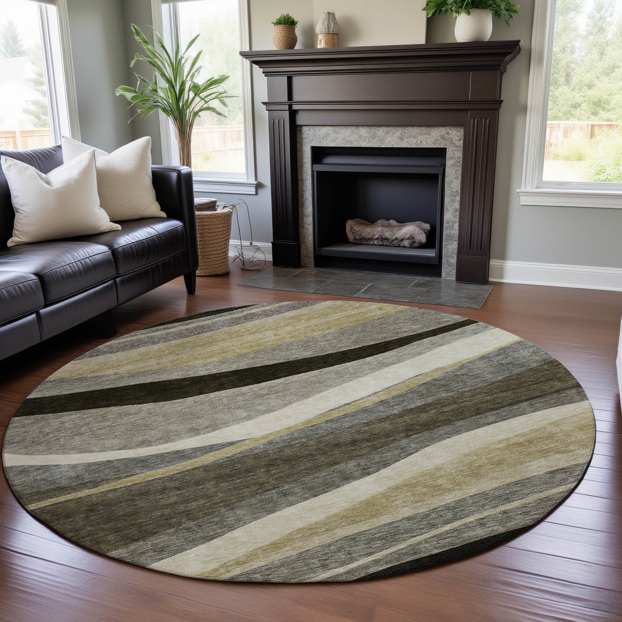 Split Machine Washable Transitional Taupe Brown Rug 8' x 8' #shape_Round