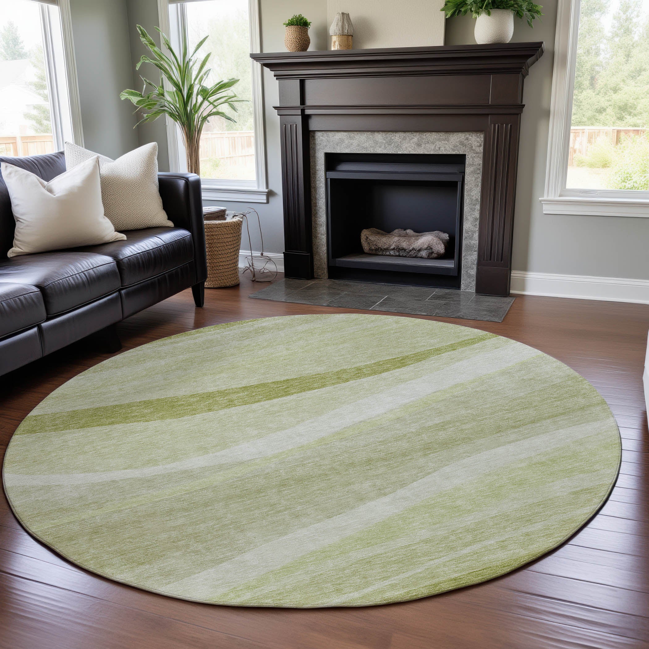 Antigua Machine Washable Transitional Aloe Green Rug 8' x 8' #shape_Round