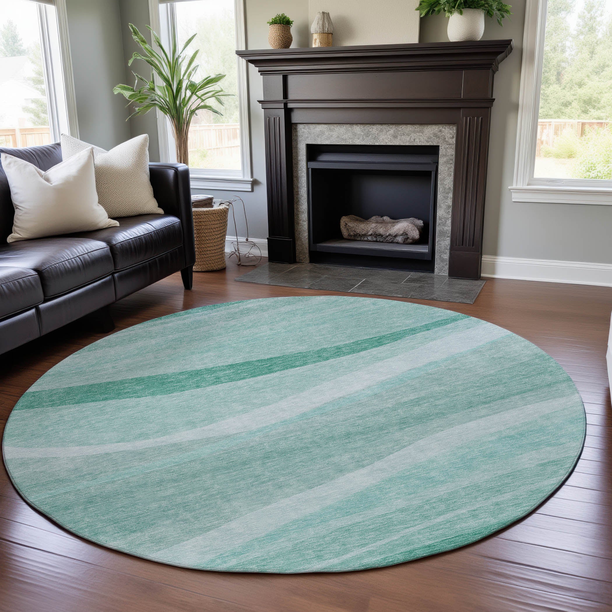 Antigua Machine Washable Transitional Aqua Teal Rug 8' x 8' #shape_Round