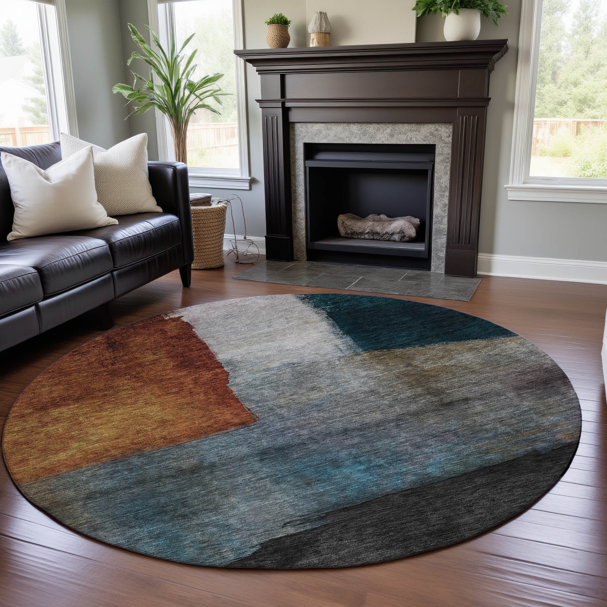 Siena Machine Washable Transitional Copper Orange Rug 8' x 8' #shape_Round