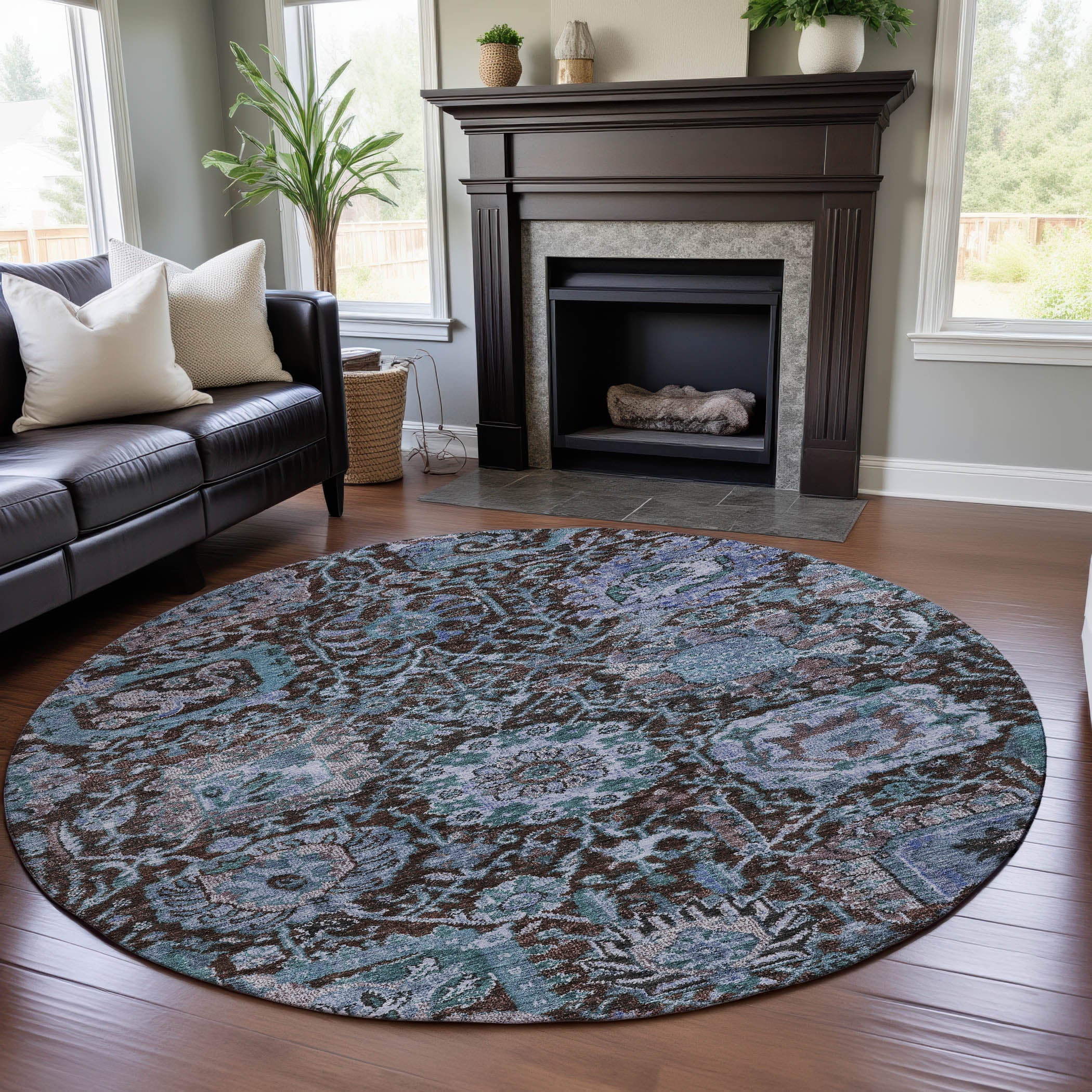 Salzburg Machine Washable Traditional Chocolate Brown Rug 8' x 8' #shape_Round