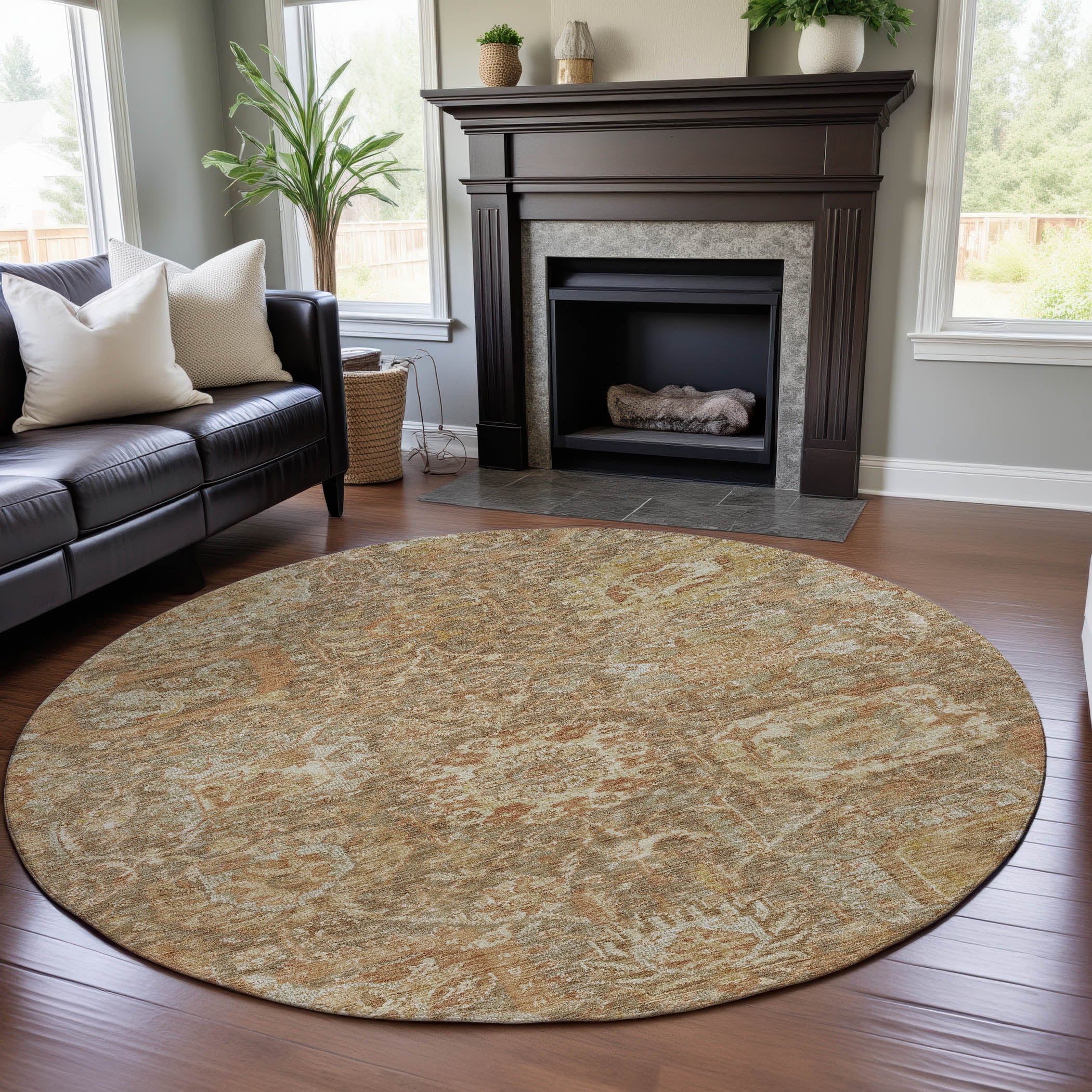 Salzburg Machine Washable Traditional Khaki Brown Rug 8' x 8' #shape_Round