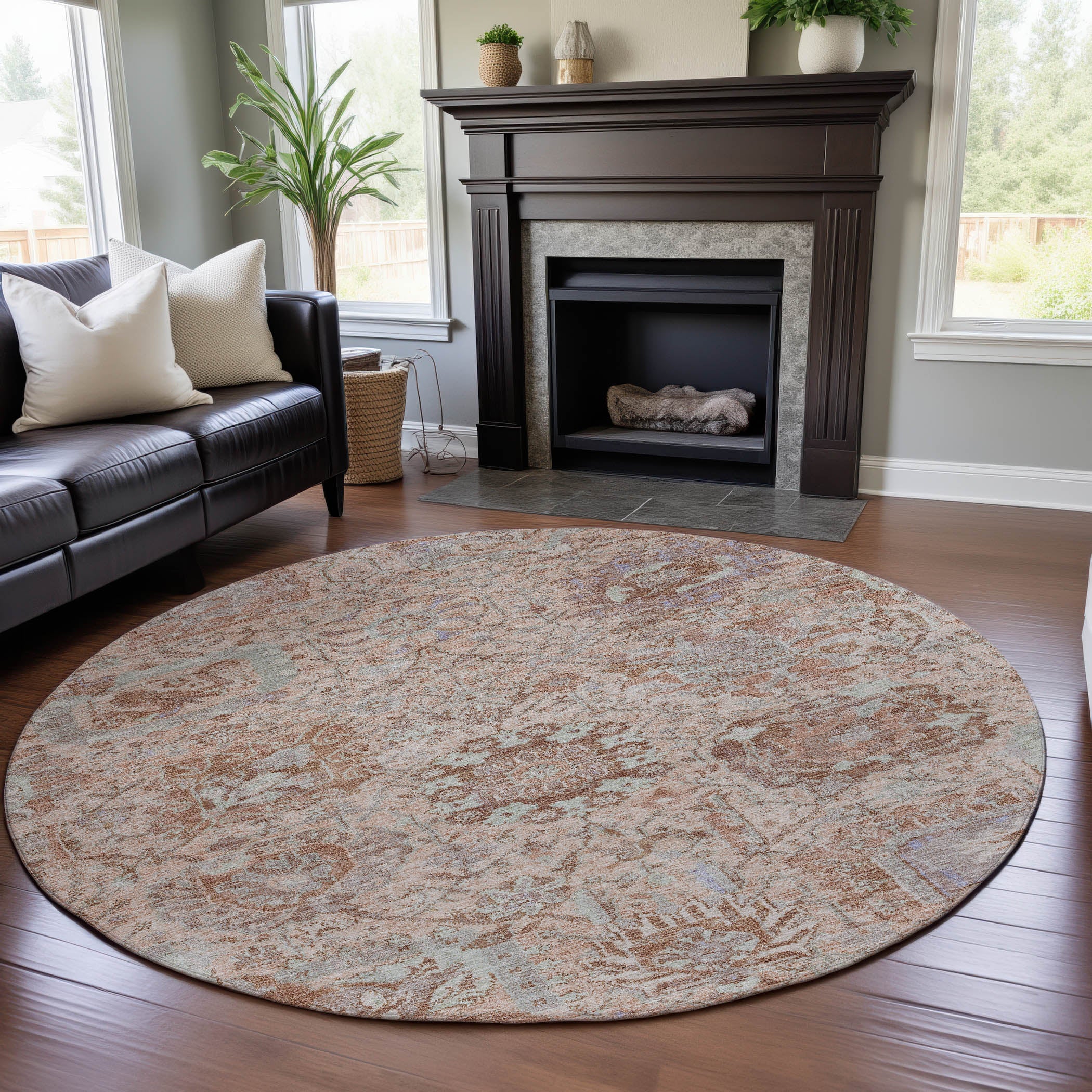 Colombo Machine Washable Traditional Coral Orange Rug 8' x 8' #shape_Round