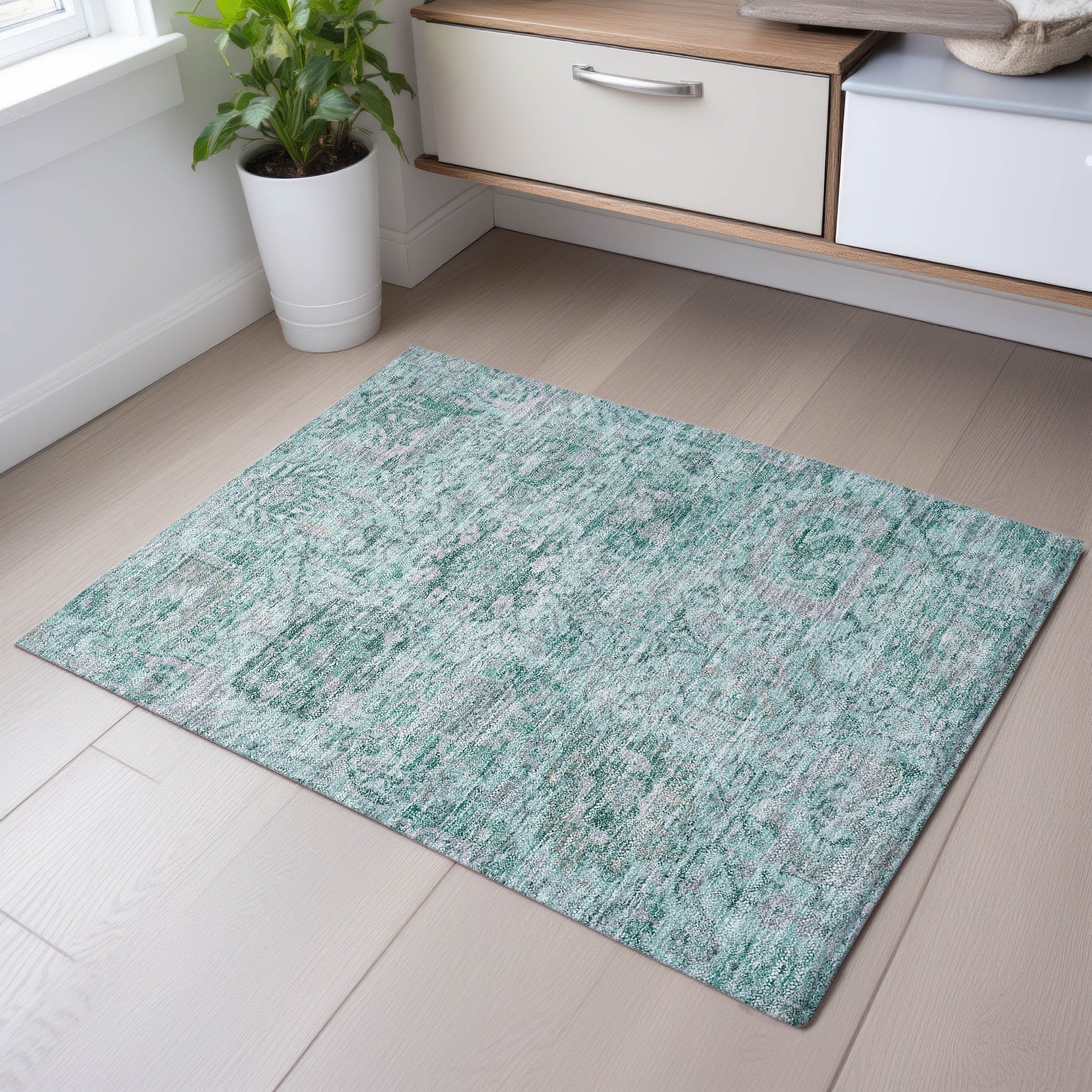 Colombo Machine Washable Traditional Teal Rug 1'8" x 2'6" #shape_Rectangle