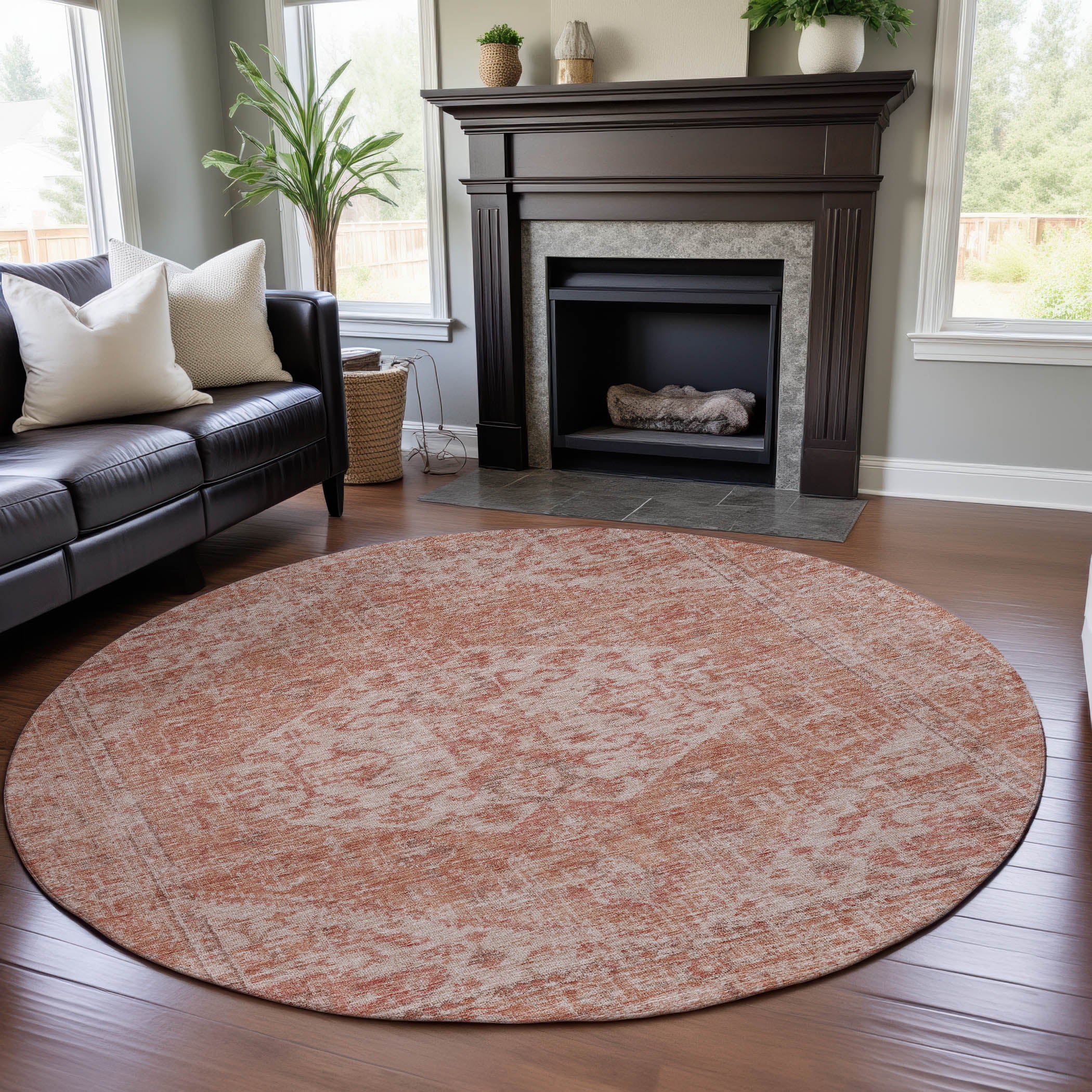 Porto Machine Washable Traditional Coral Orange Rug 8' x 8' #shape_Round