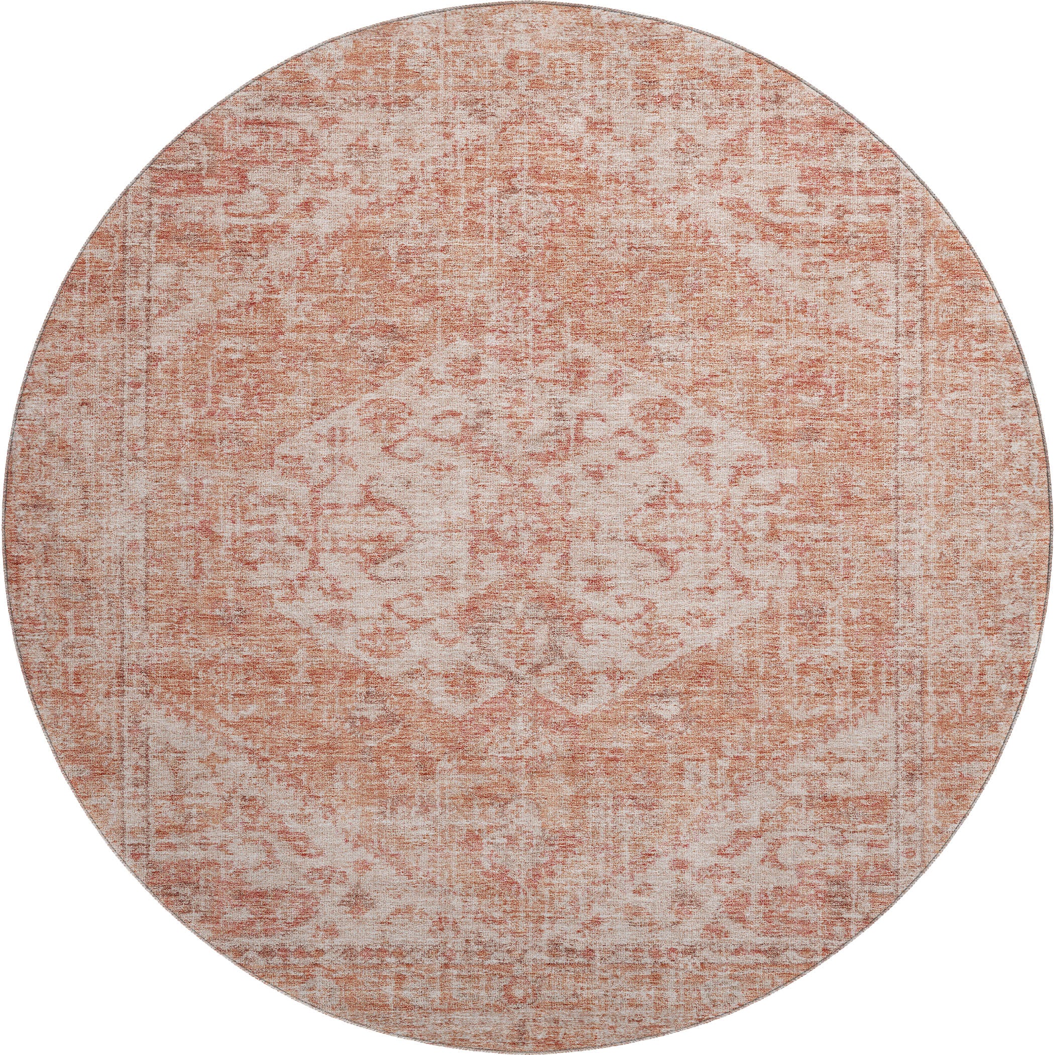 Porto Machine Washable Traditional Coral Orange Rug 8' x 8' #shape_Round