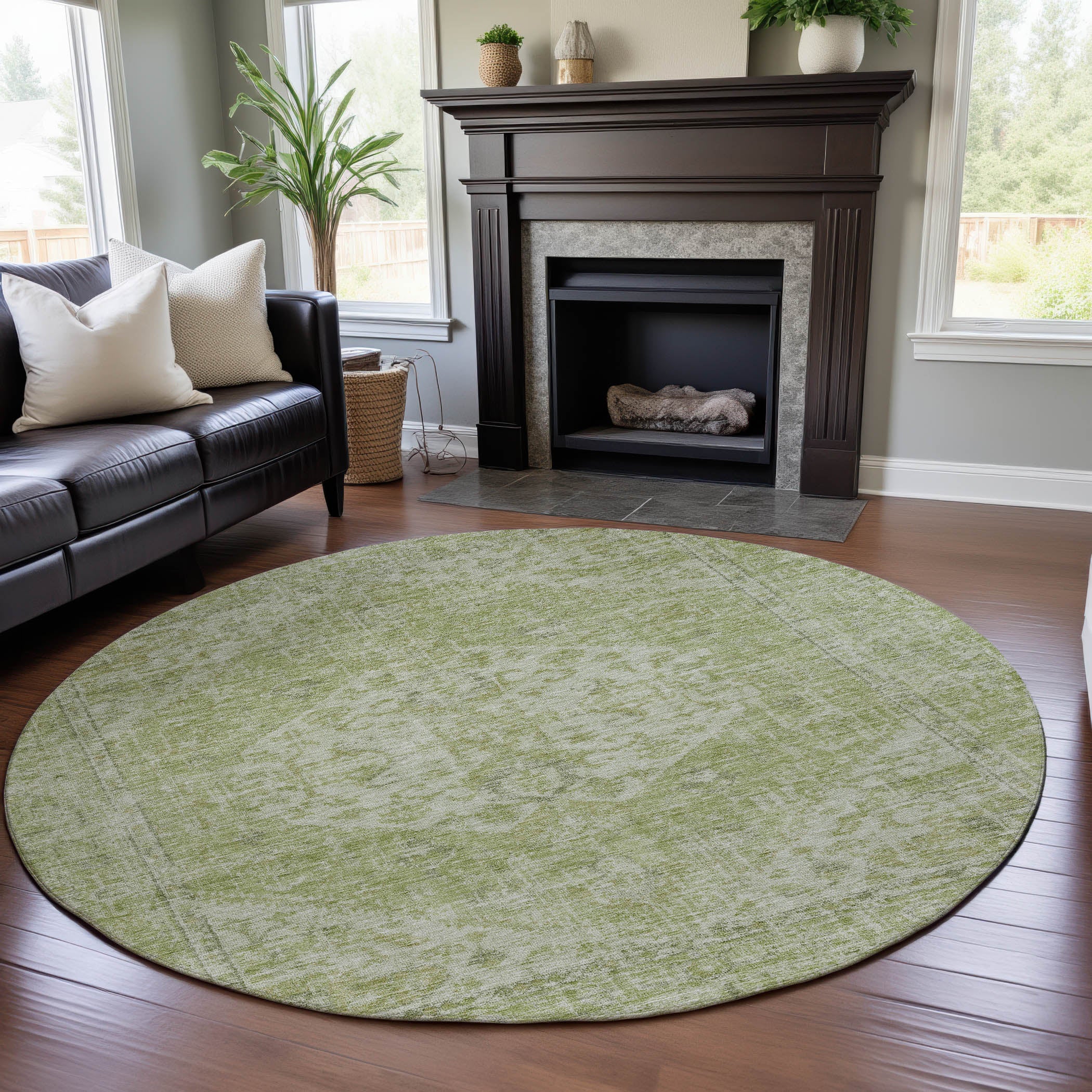 Porto Machine Washable Traditional Sage Green Rug 8' x 8' #shape_Round